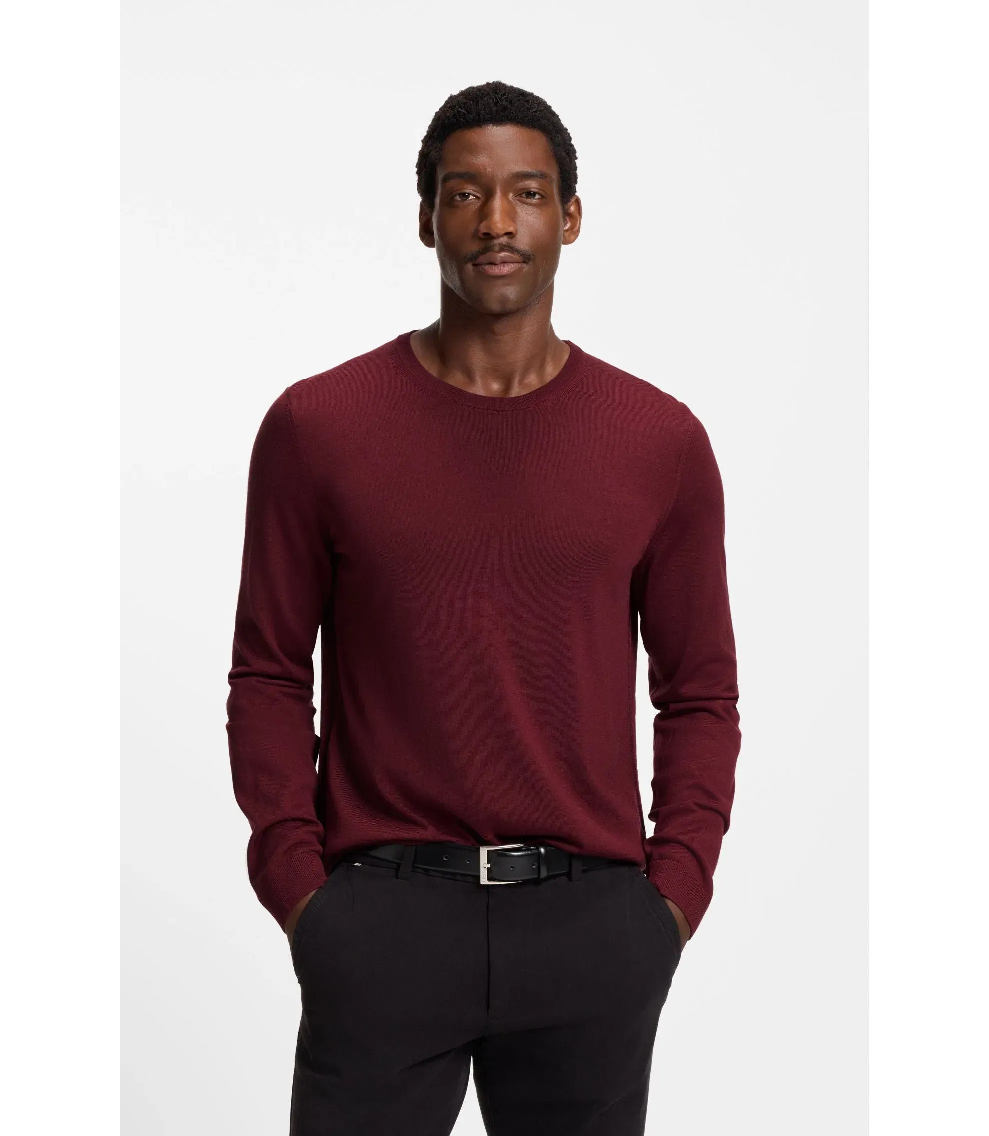 Boss Slim Fit Sweater In Merino Wool Dark Red