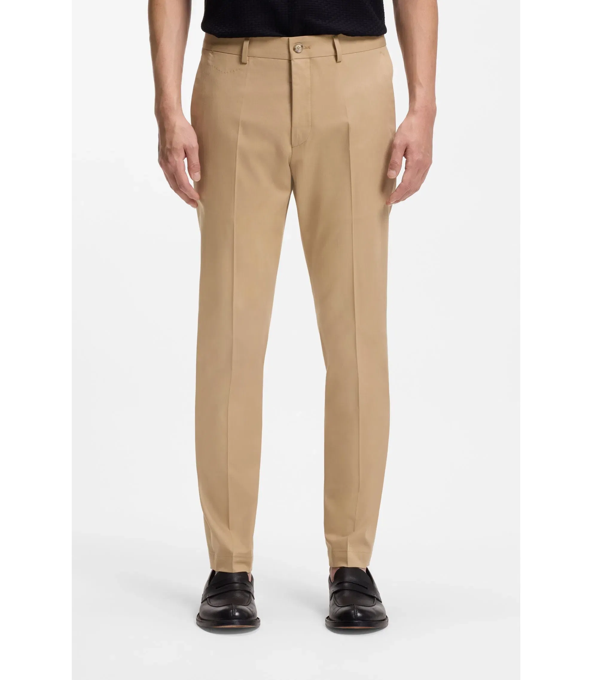 Boss Slim Fit Trousers In Cotton Silk And Stretch Beige