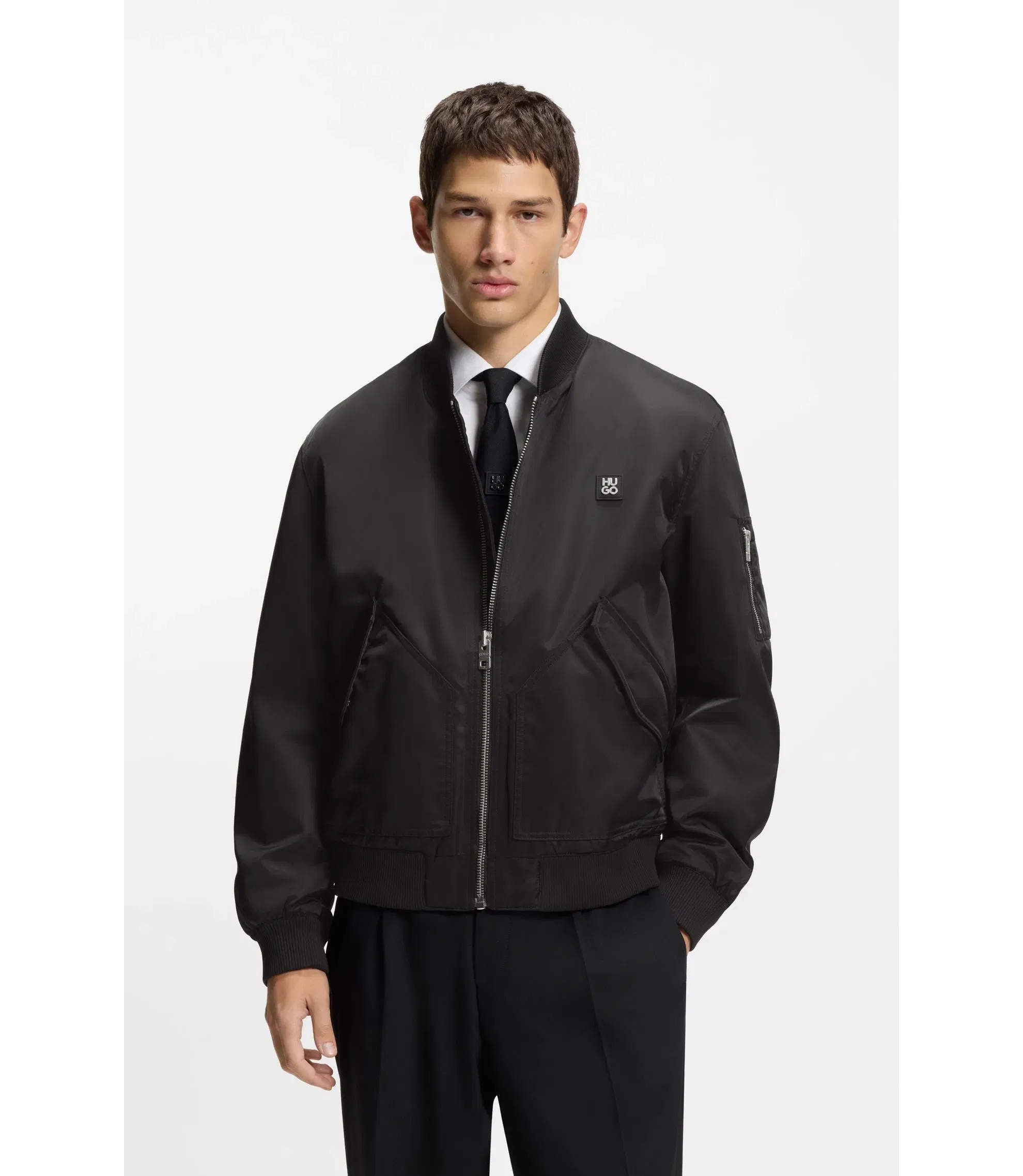 Hugo Stacked Logo Bomber Jacket With Water Repellent Finish Black