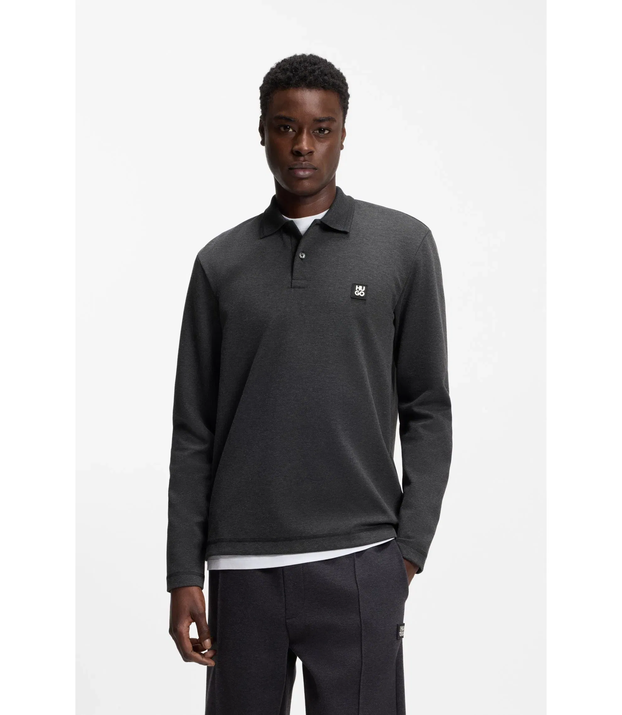 Hugo Stacked Logo Polo Shirt In A Cotton Blend Grey