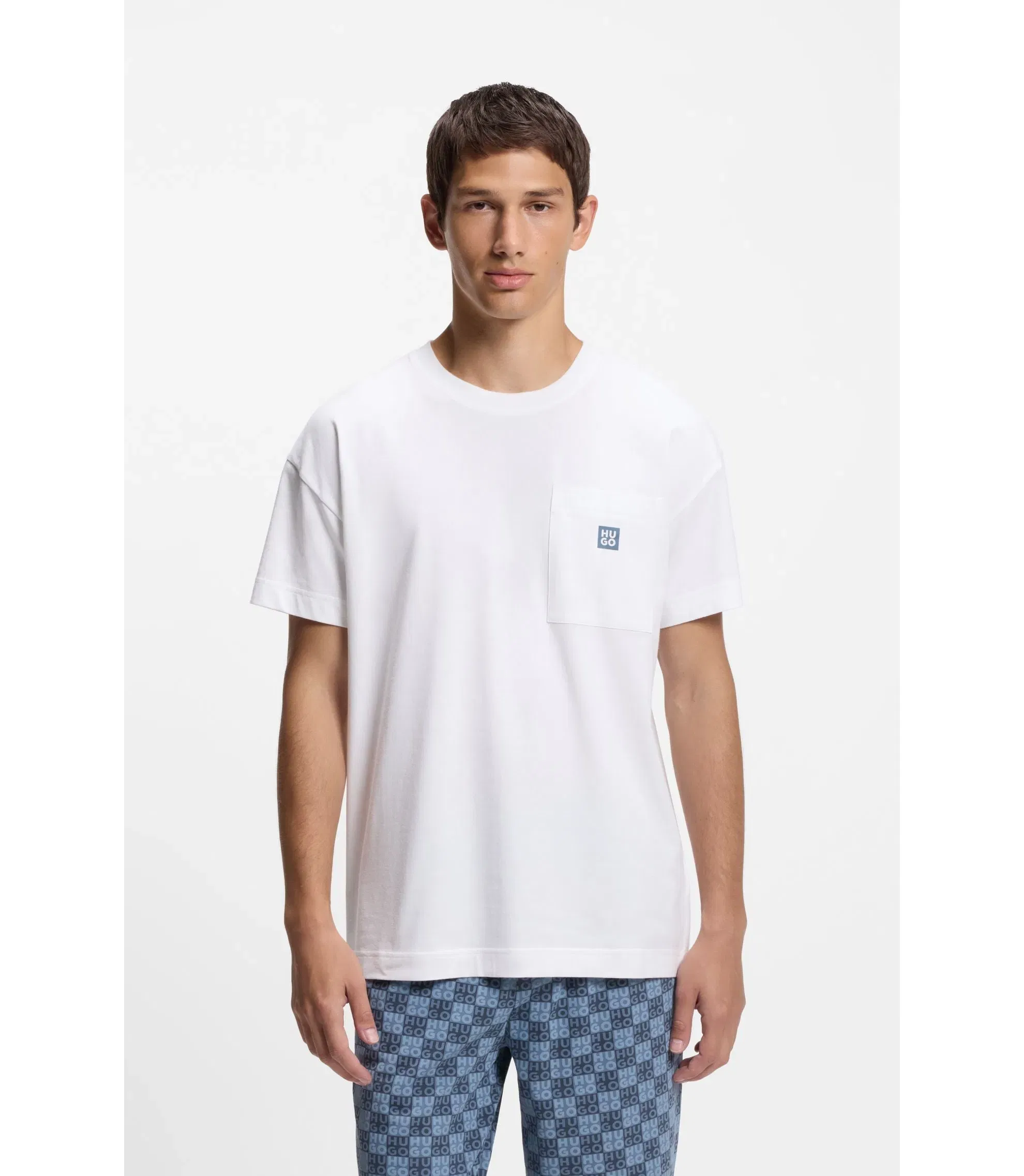 Hugo Stacked Logo Pyjama T-Shirt In Stretch Cotton White