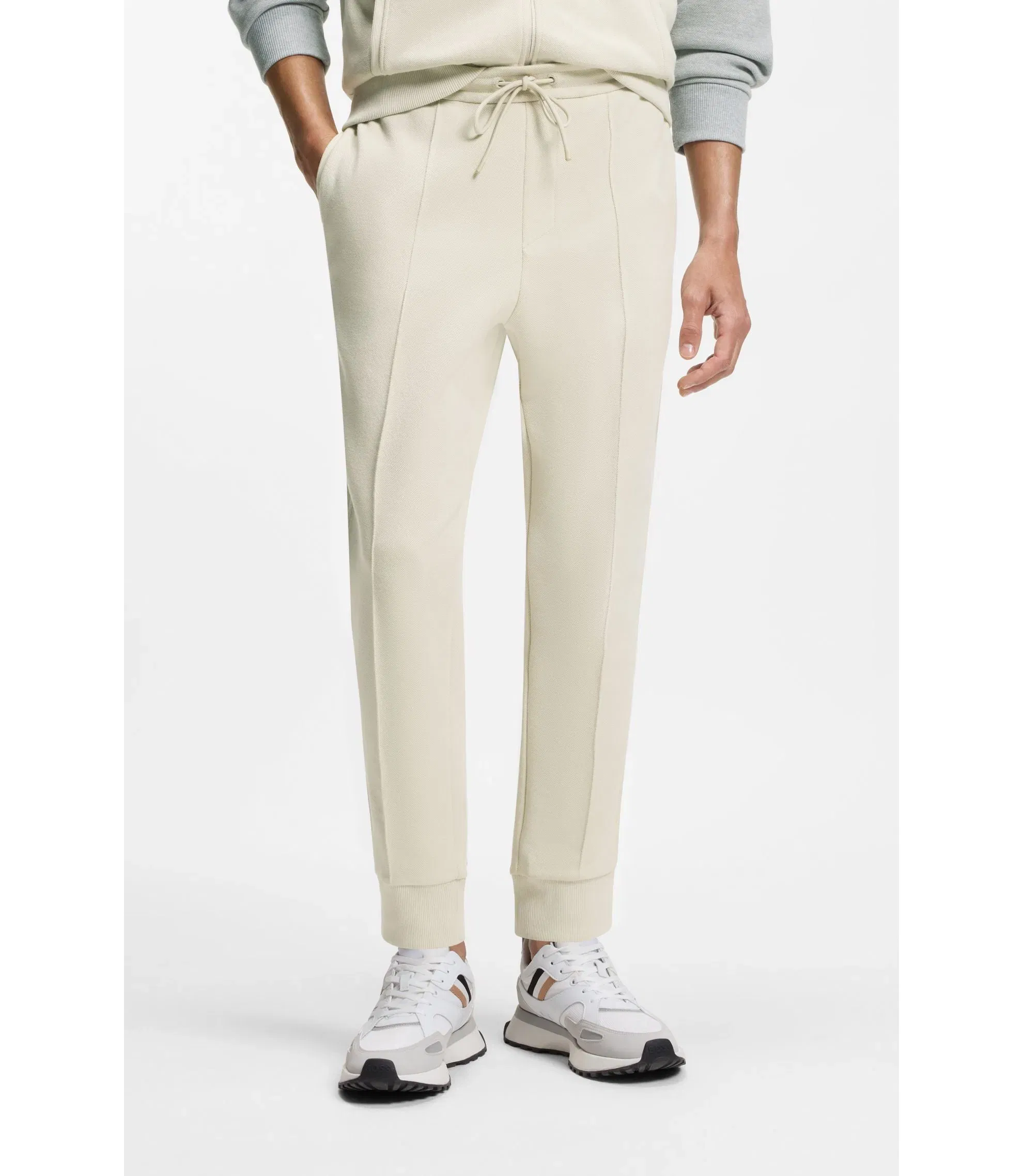 Boss Piping Detail Tracksuit Bottoms In A Cotton Blend Light Beige