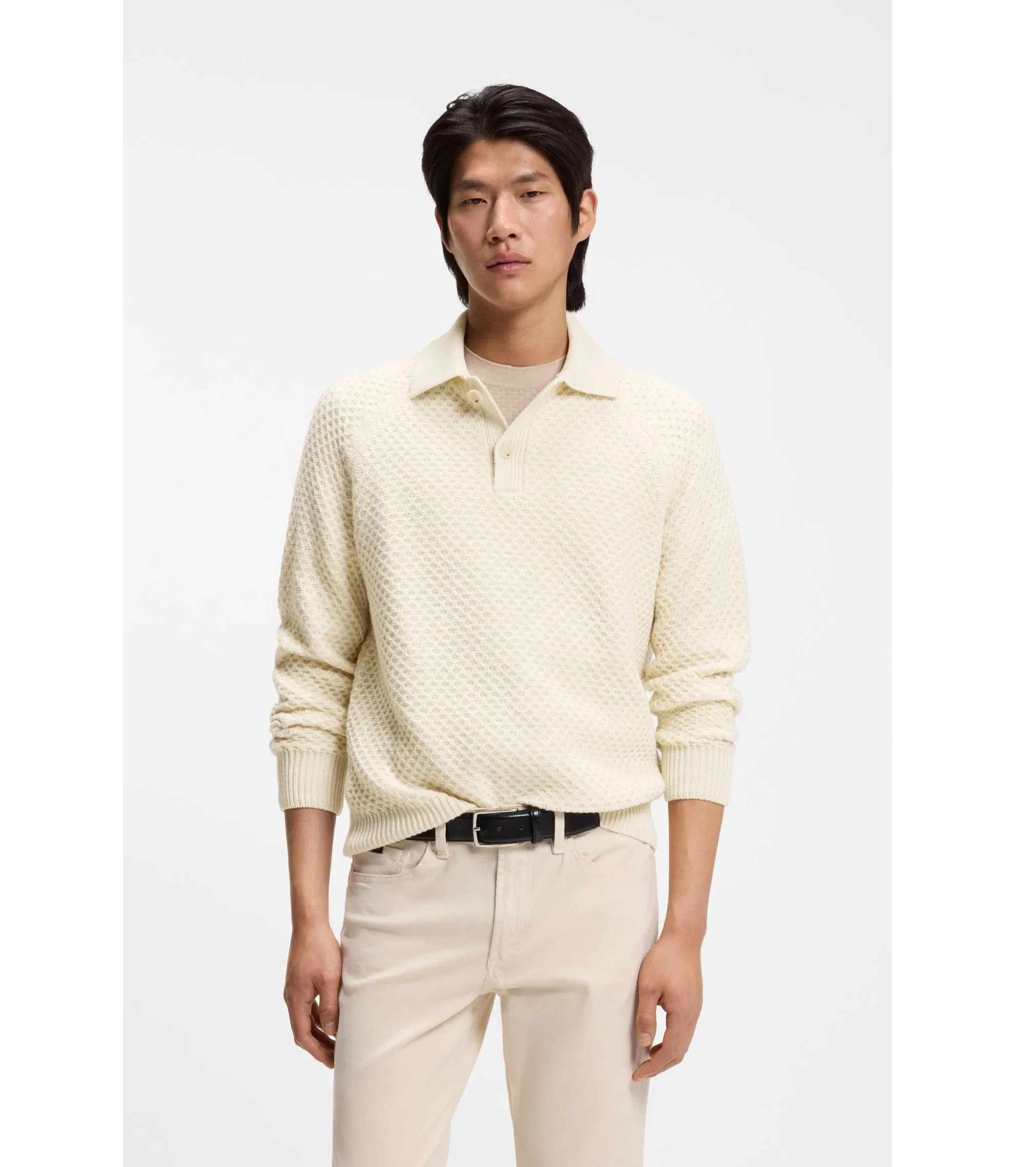 Boss Polo Collar Sweater In Cashmere White