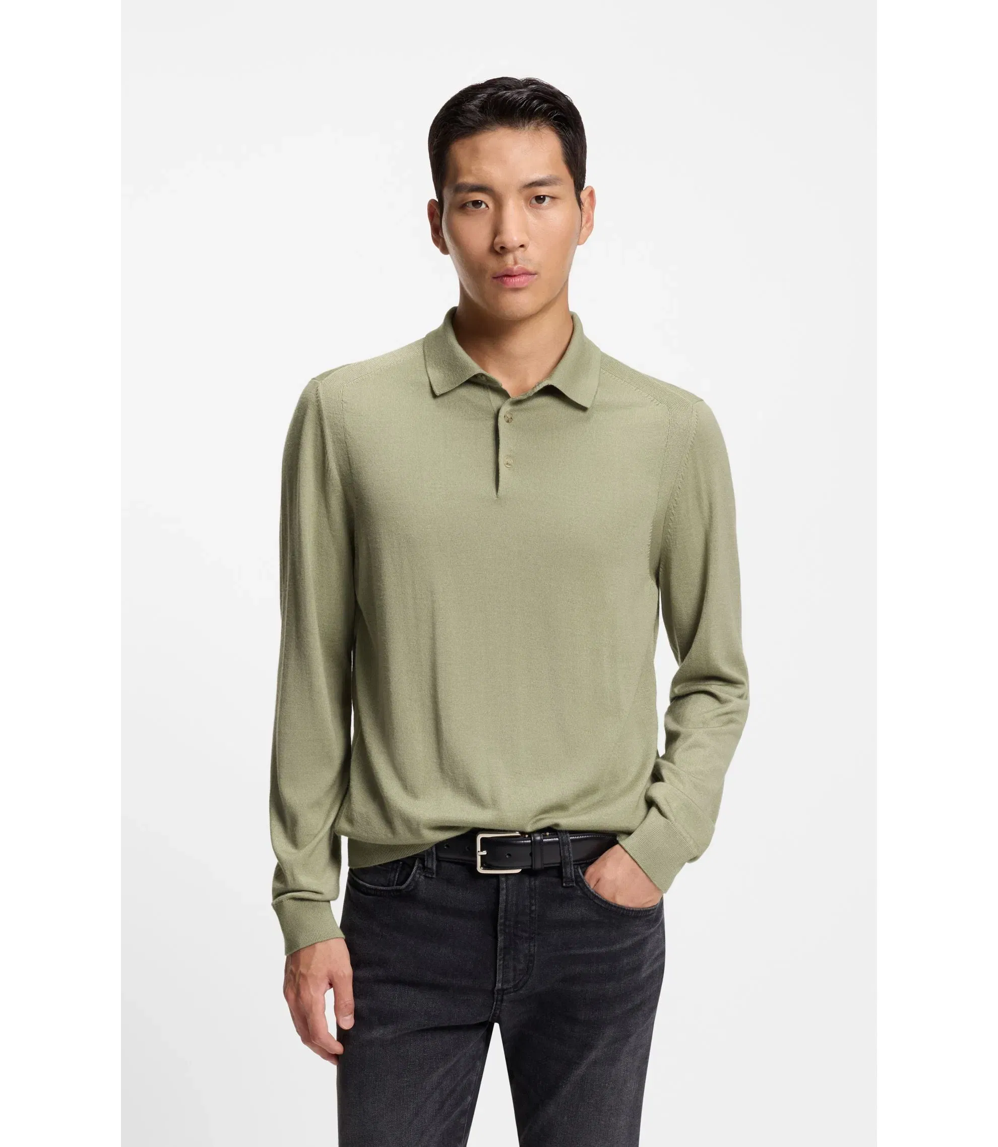 Boss Polo Sweater In Wool Silk And Cashmere Light Green