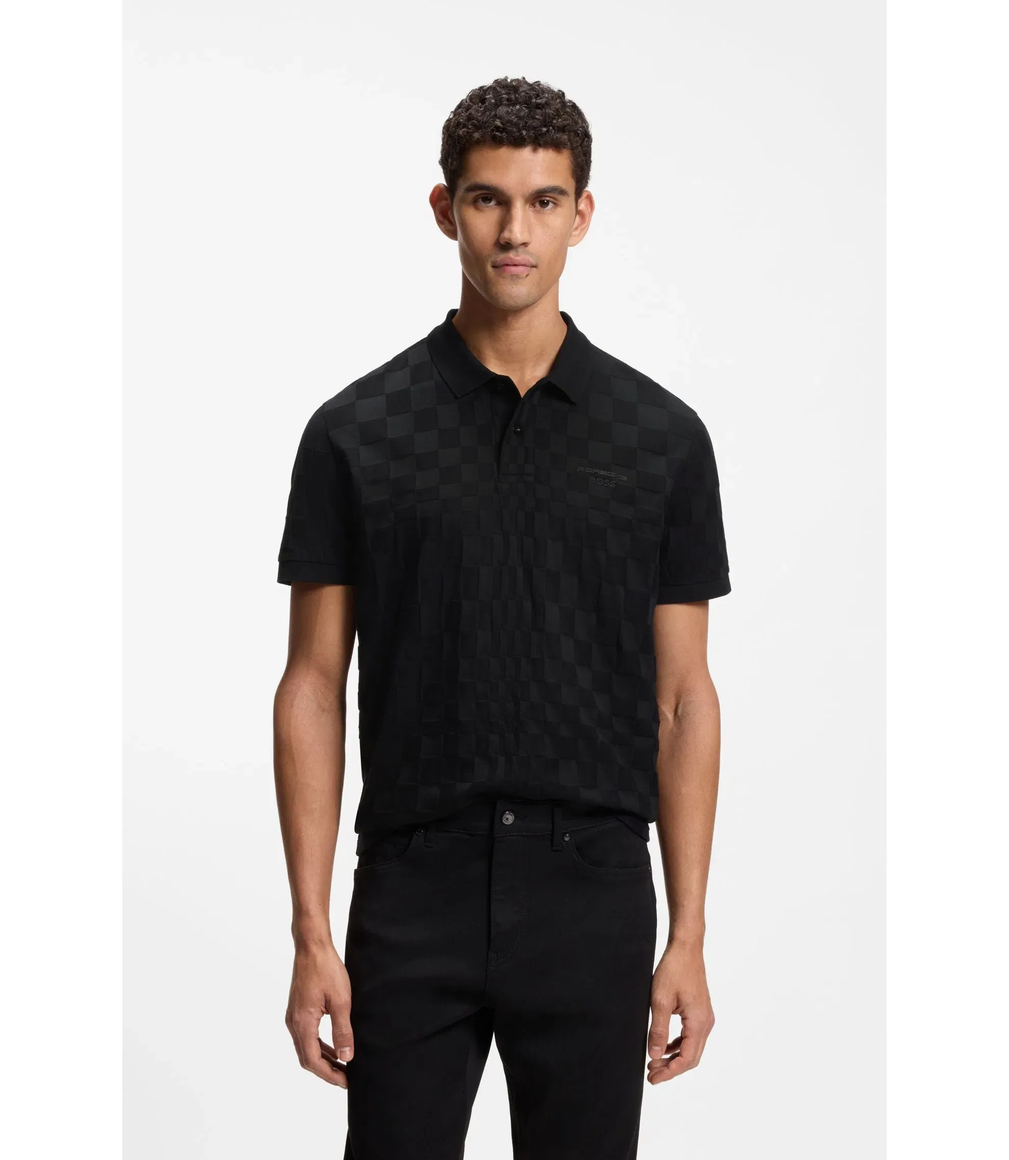 Boss Porsche x Boss Polo Shirt In Jacquard Patterned Cotton Black