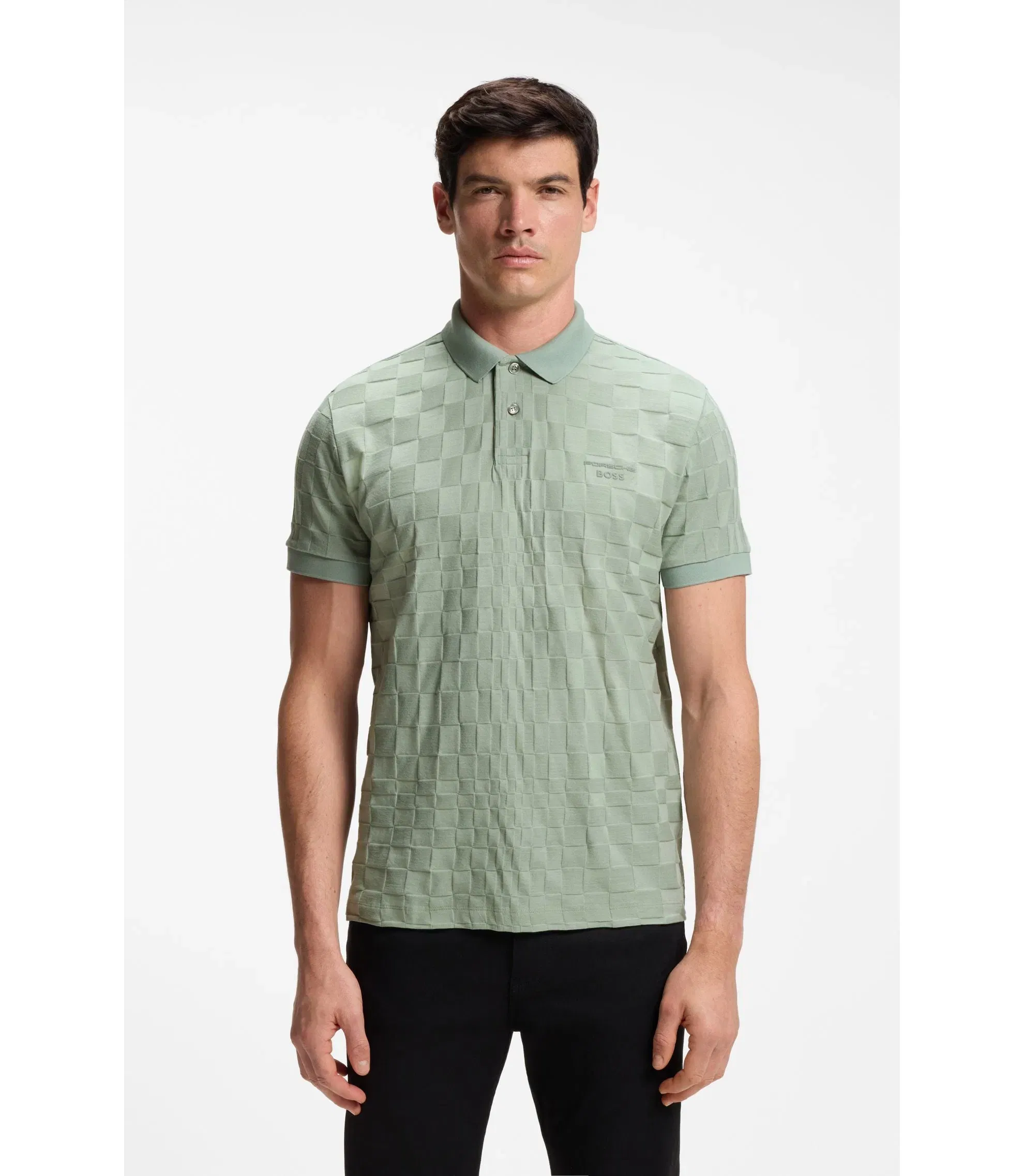 Boss Porsche x Boss Polo Shirt In Jacquard Patterned Cotton Light Green