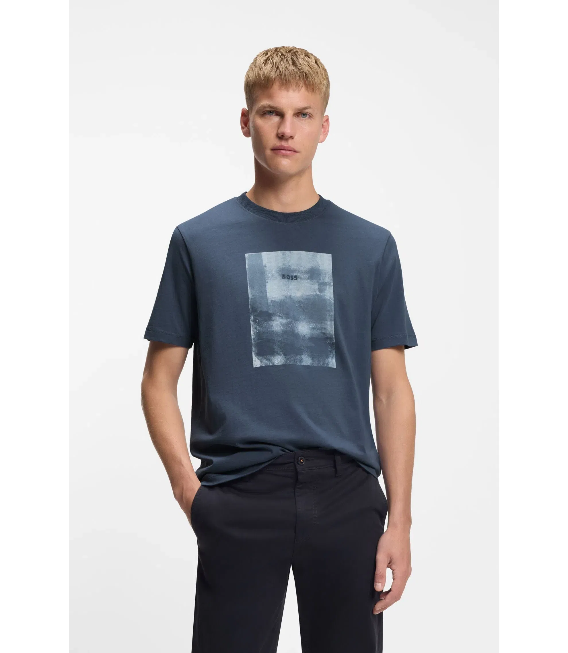 Boss Printed Artwork T-Shirt In Cotton Jersey Light Blue