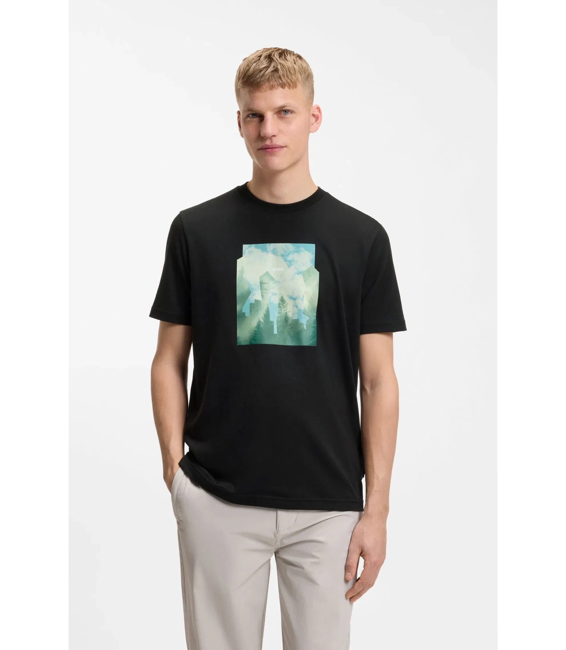 Boss Printed Artwork T-Shirt In Cotton Jersey Black