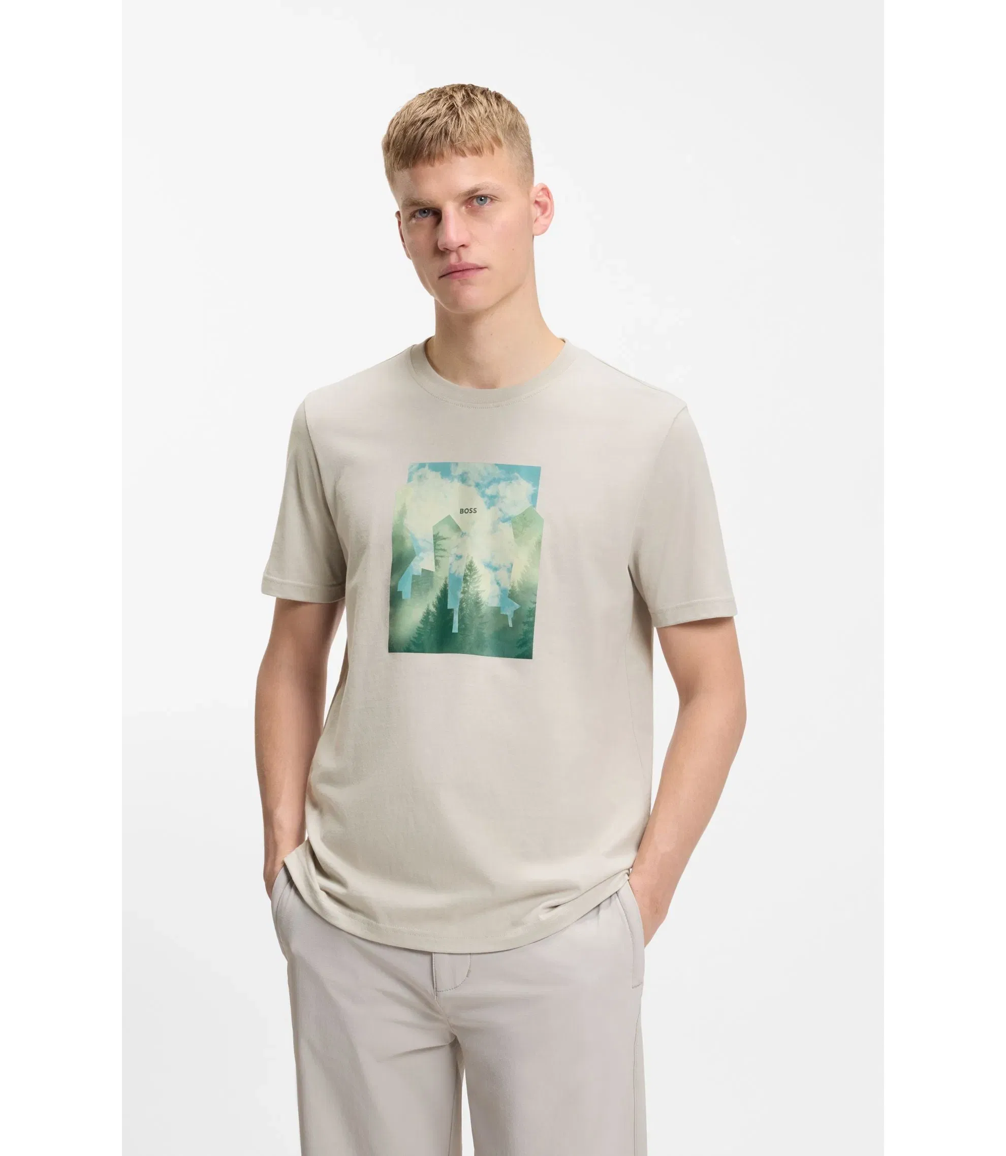 Boss Printed Artwork T-Shirt In Cotton Jersey Light Grey