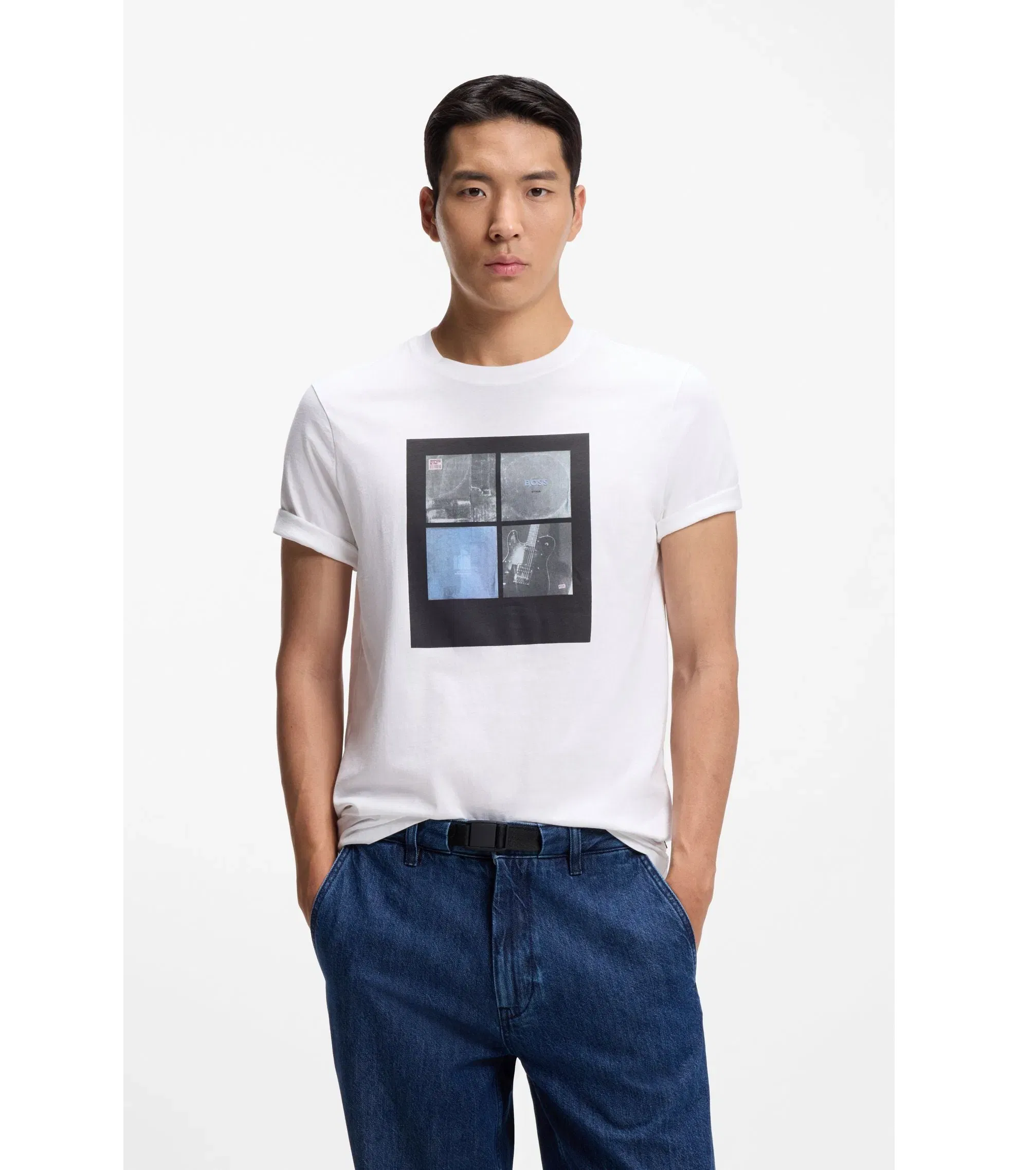 Boss Printed Artwork T-Shirt In Cotton Jersey White