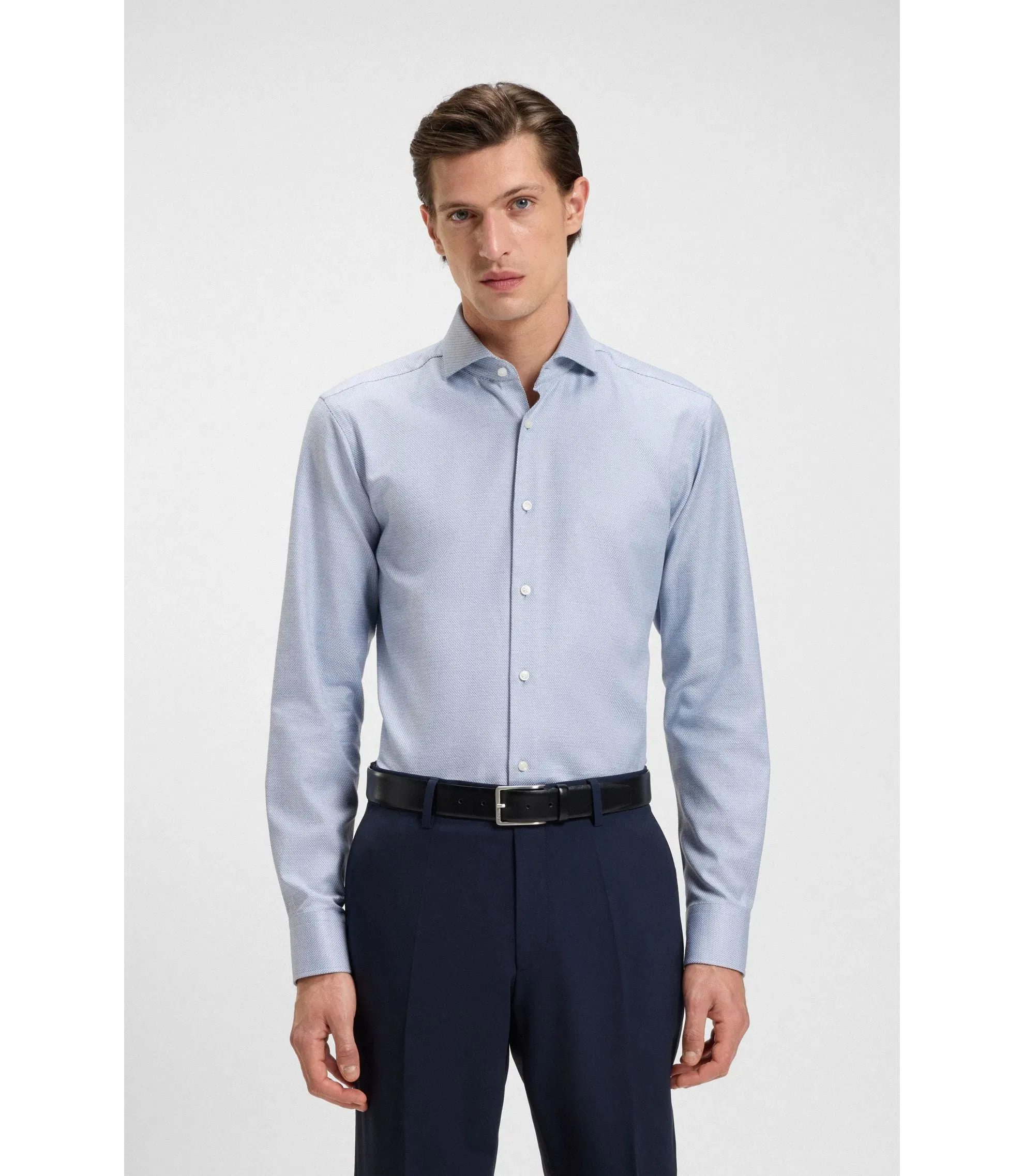 Boss Printed Regular Fit Shirt In Cotton Twill Light Blue