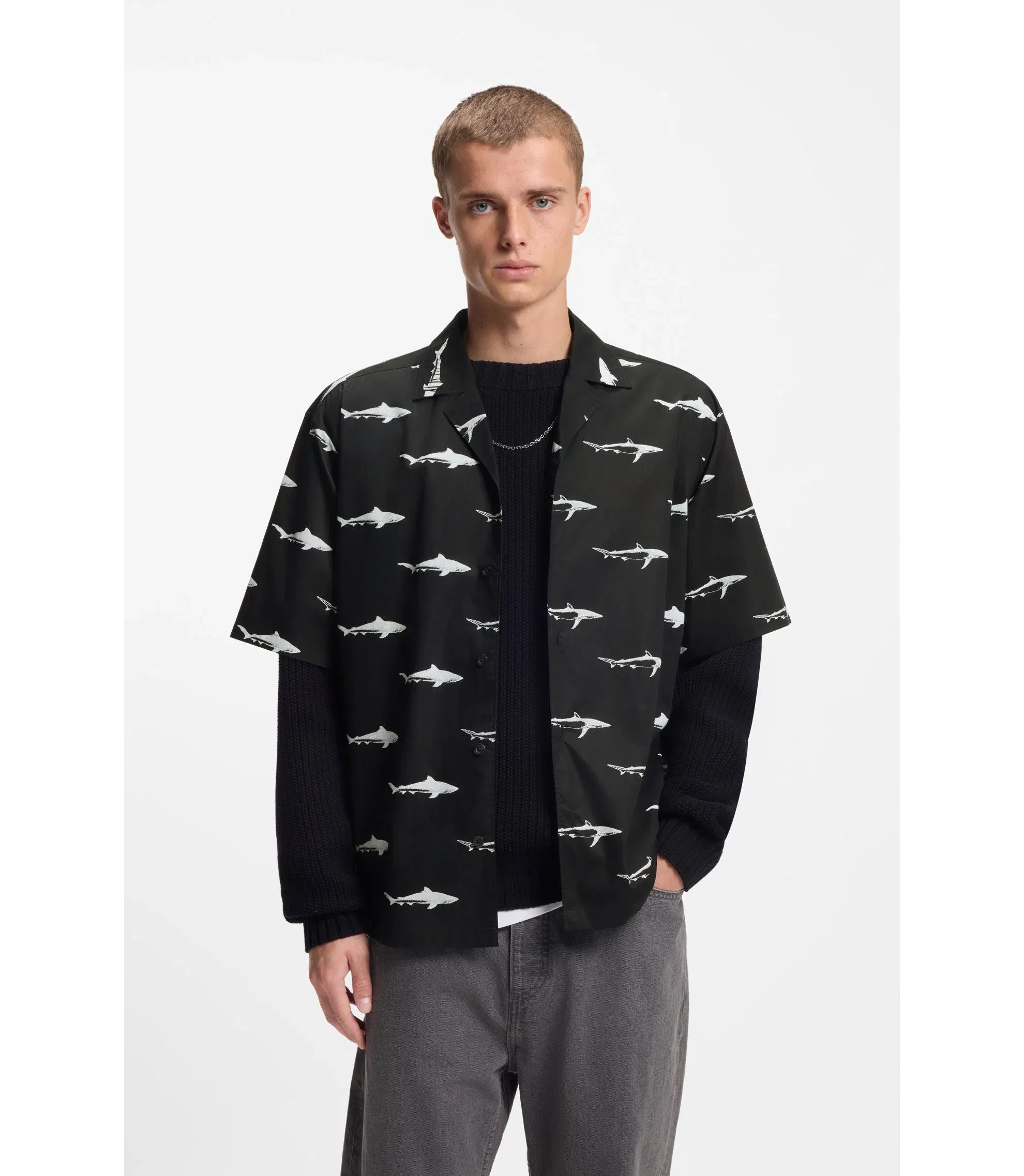Hugo Printed Relaxed Fit Shirt In Cotton Poplin Black