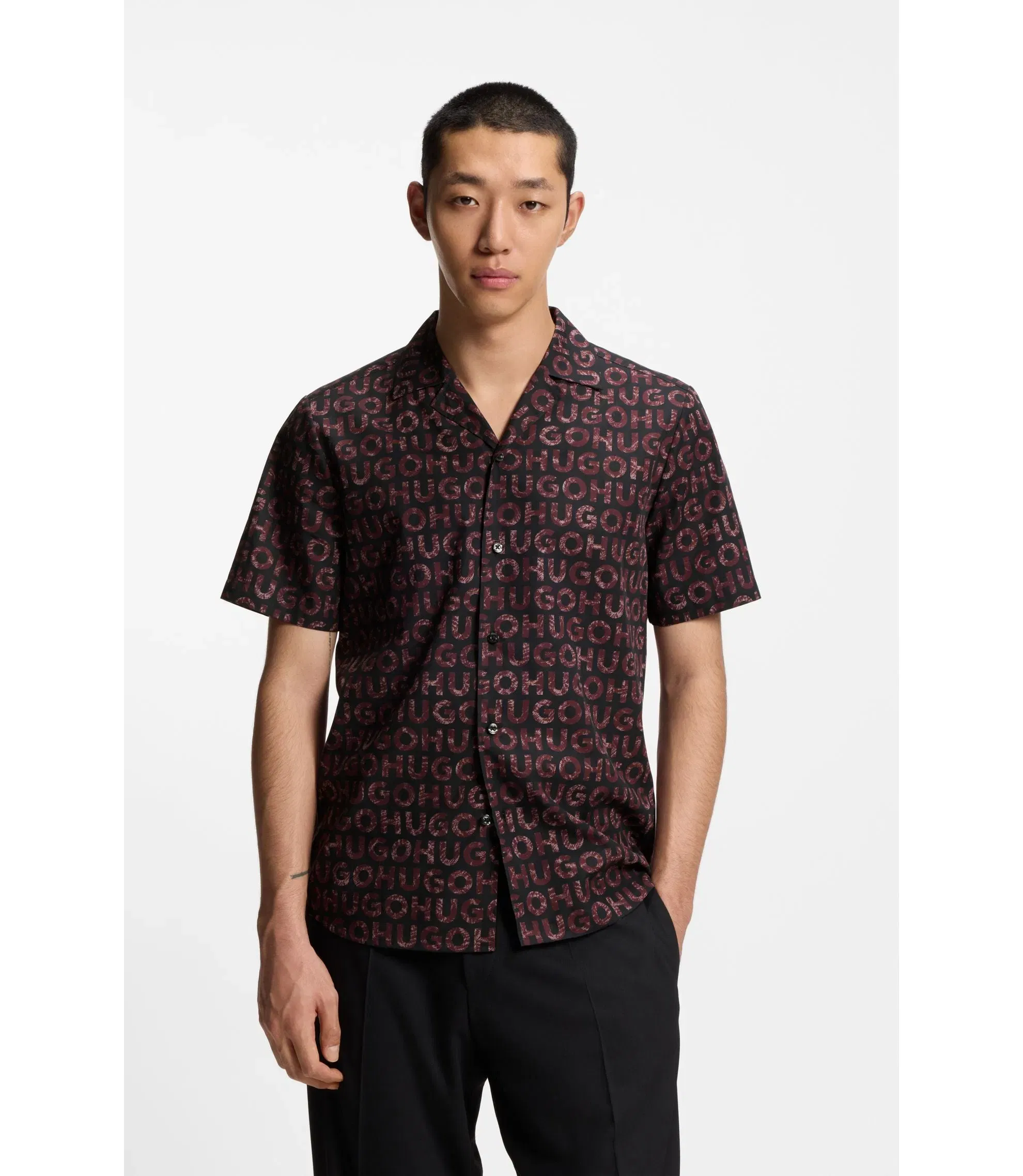 Hugo Printed Relaxed Fit Shirt In Cotton Poplin Light Brown