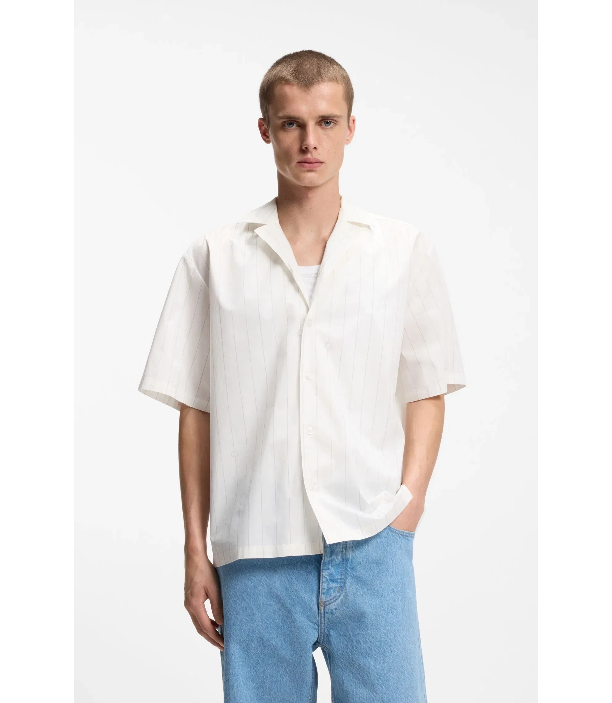 Hugo Printed Relaxed Fit Shirt In Cotton Poplin White