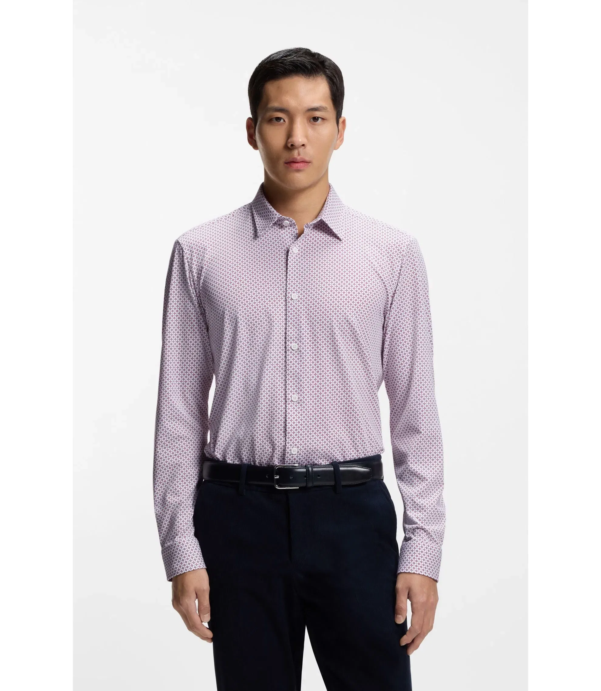 Boss Printed Slim Fit Shirt In A Cotton Blend Dark Red