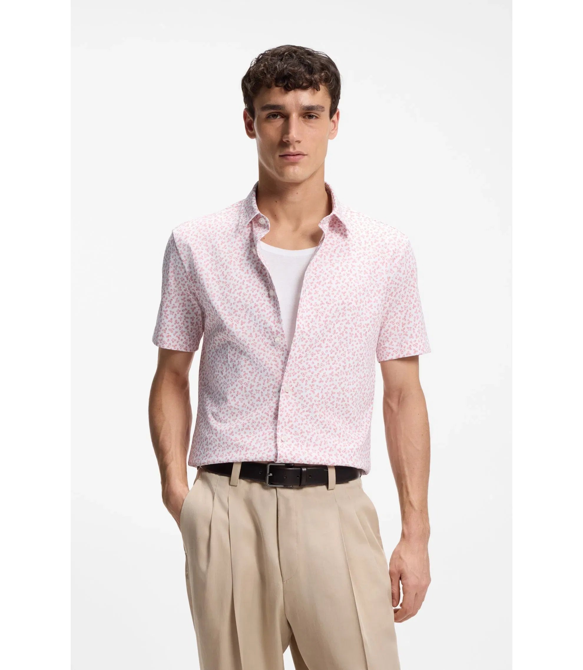 Boss Printed Slim Fit Shirt In Cotton Blend Jersey Light Pink
