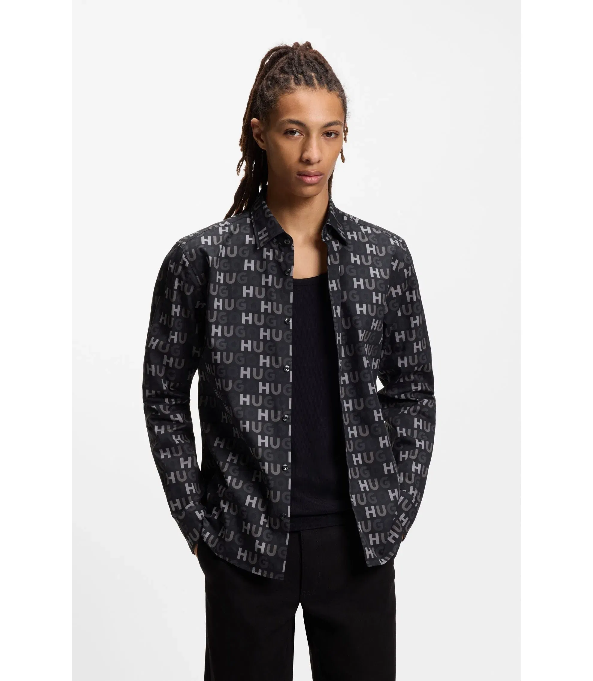 Hugo Printed Slim Fit Shirt In Cotton Poplin Black