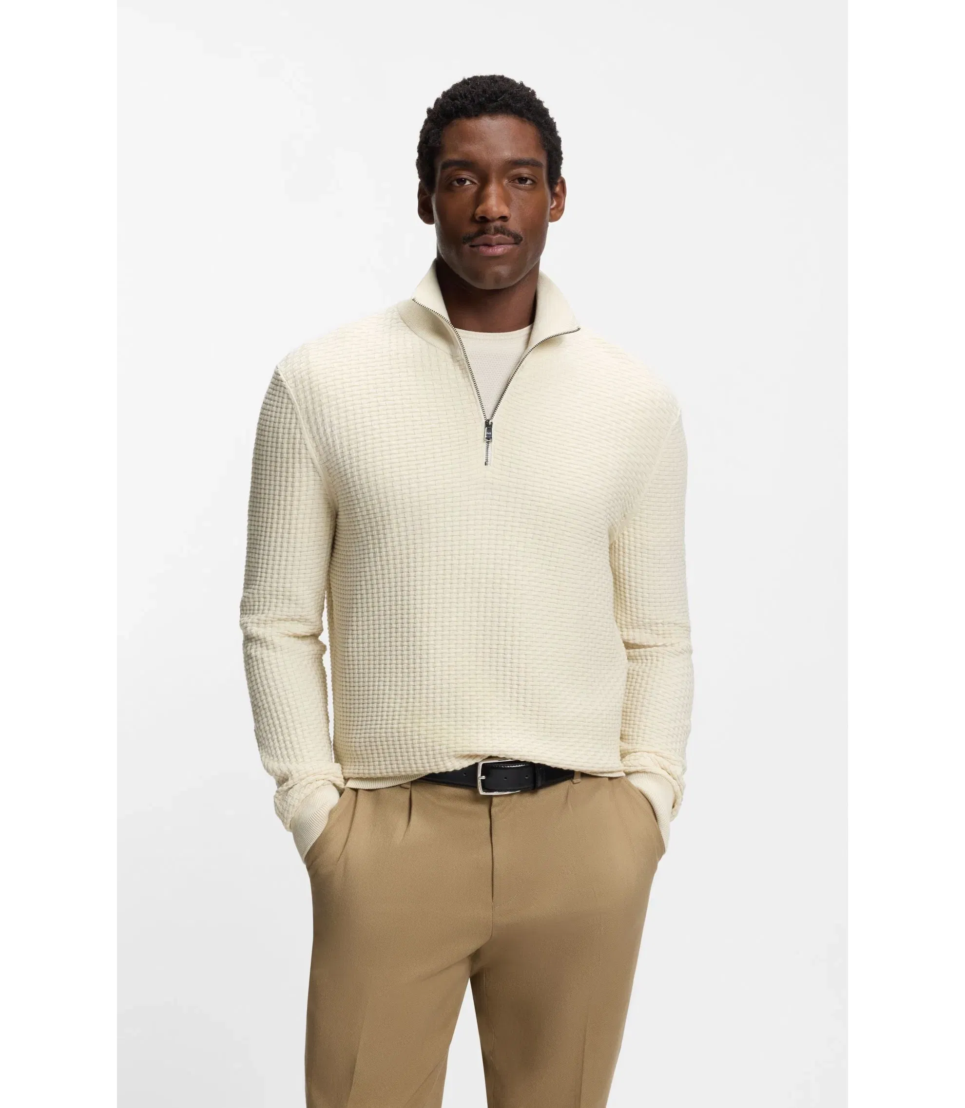 Boss Quarter Zip Sweater In Cotton White