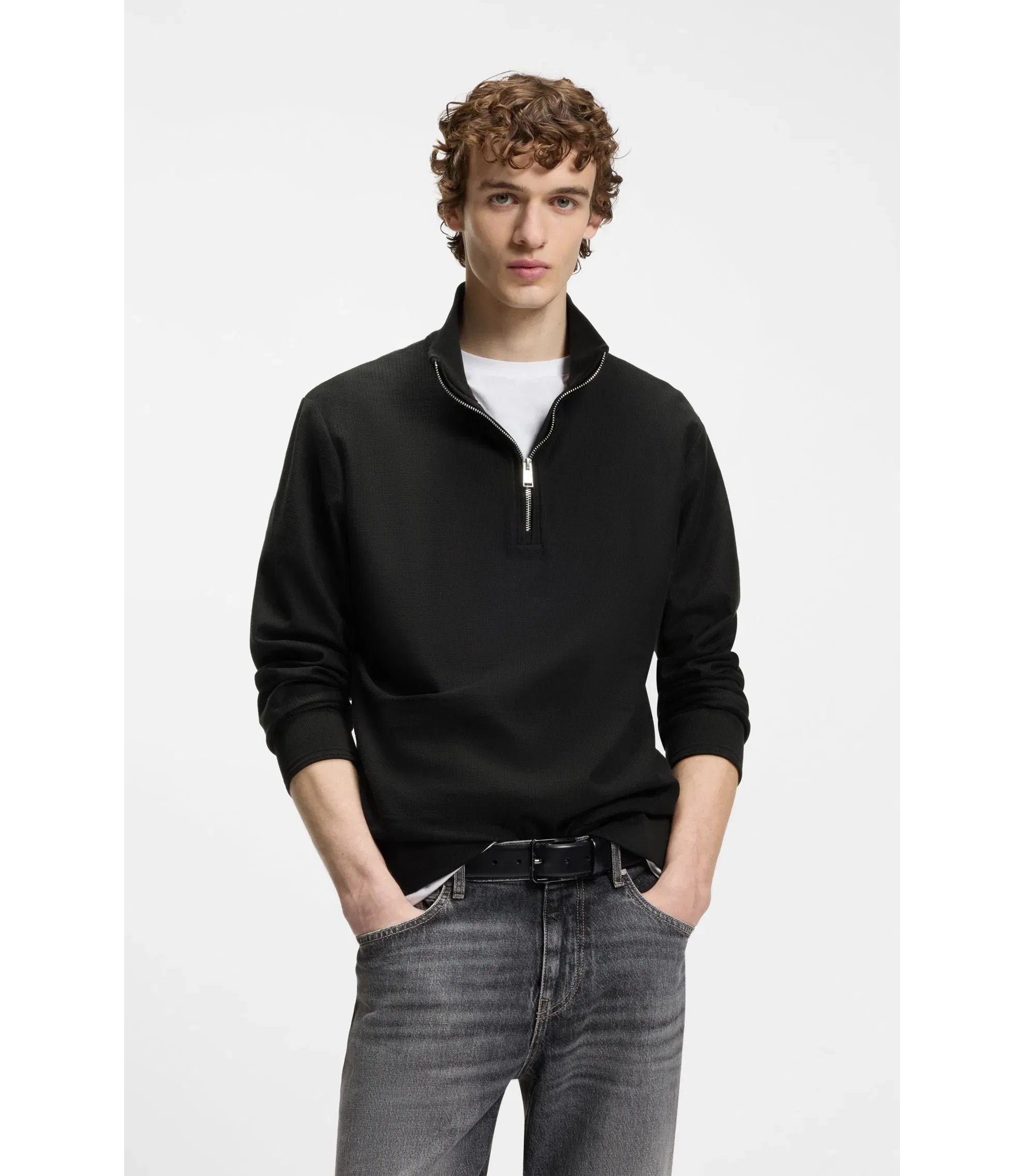 Boss Quarter Zip Sweatshirt In A Cotton Blend Black
