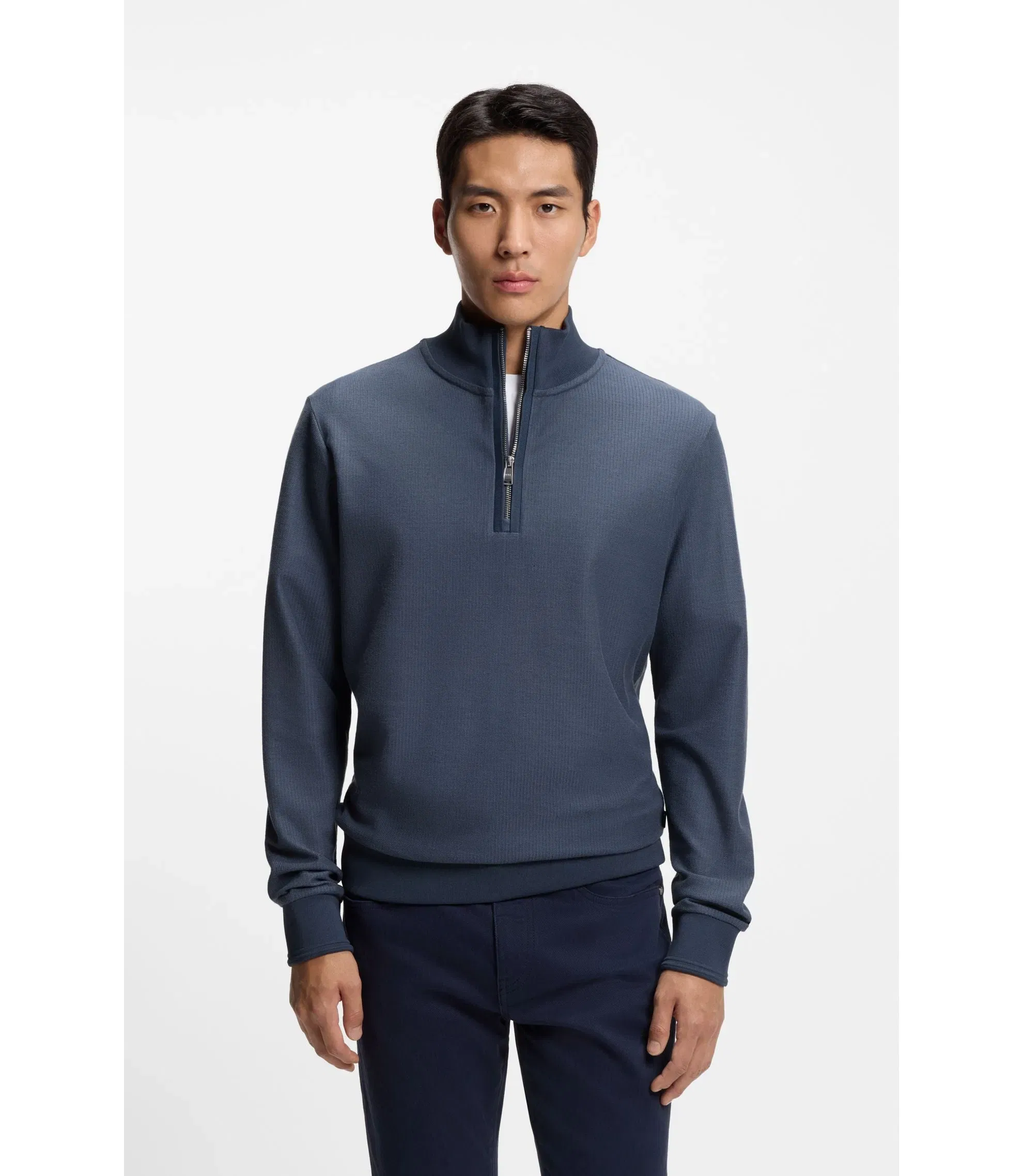 Boss Quarter Zip Sweatshirt In A Cotton Blend Light Blue
