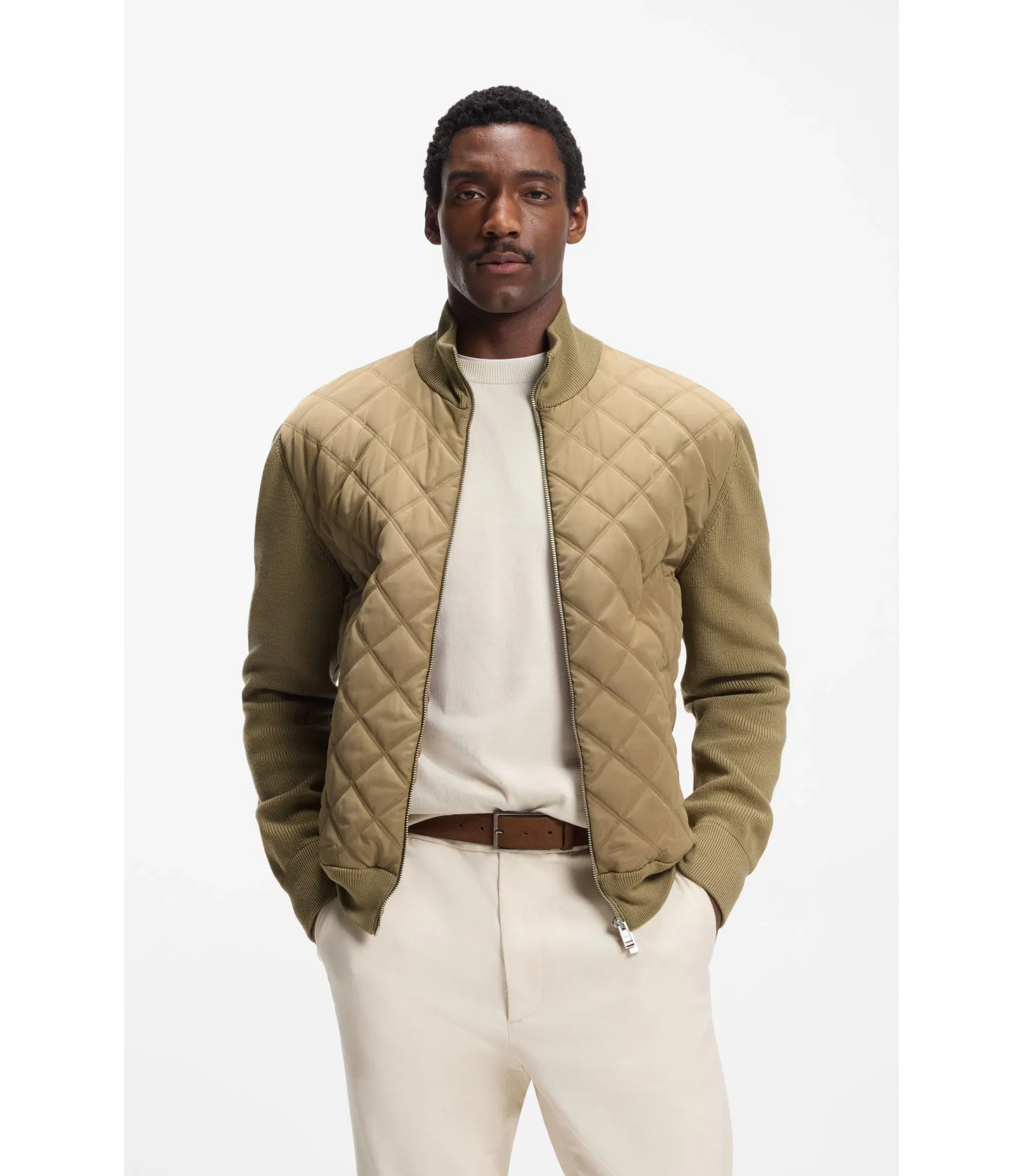 Boss Quilted Front Jacket In Knitted Wool Khaki