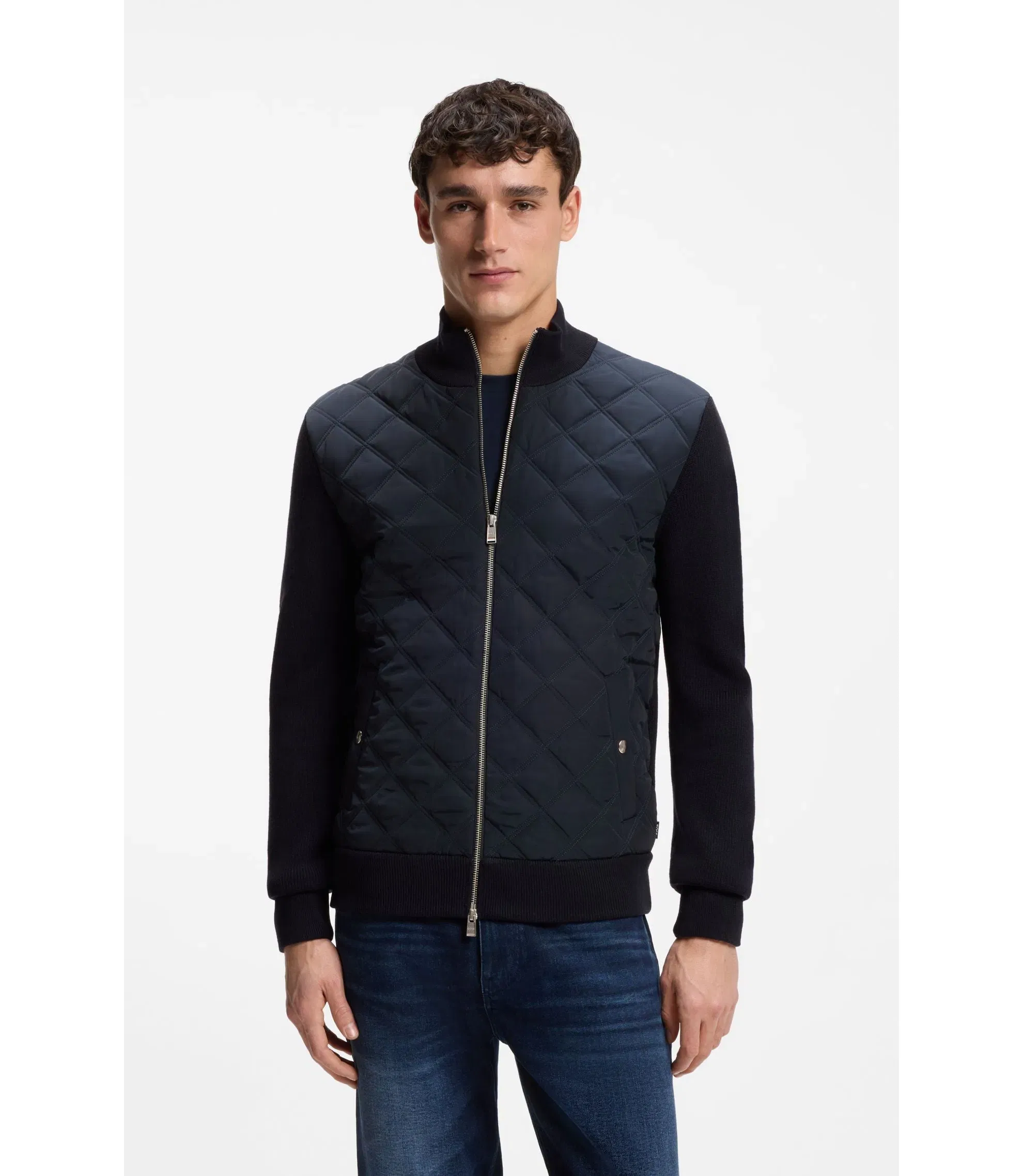 Boss Quilted Front Jacket In Knitted Wool Dark Blue
