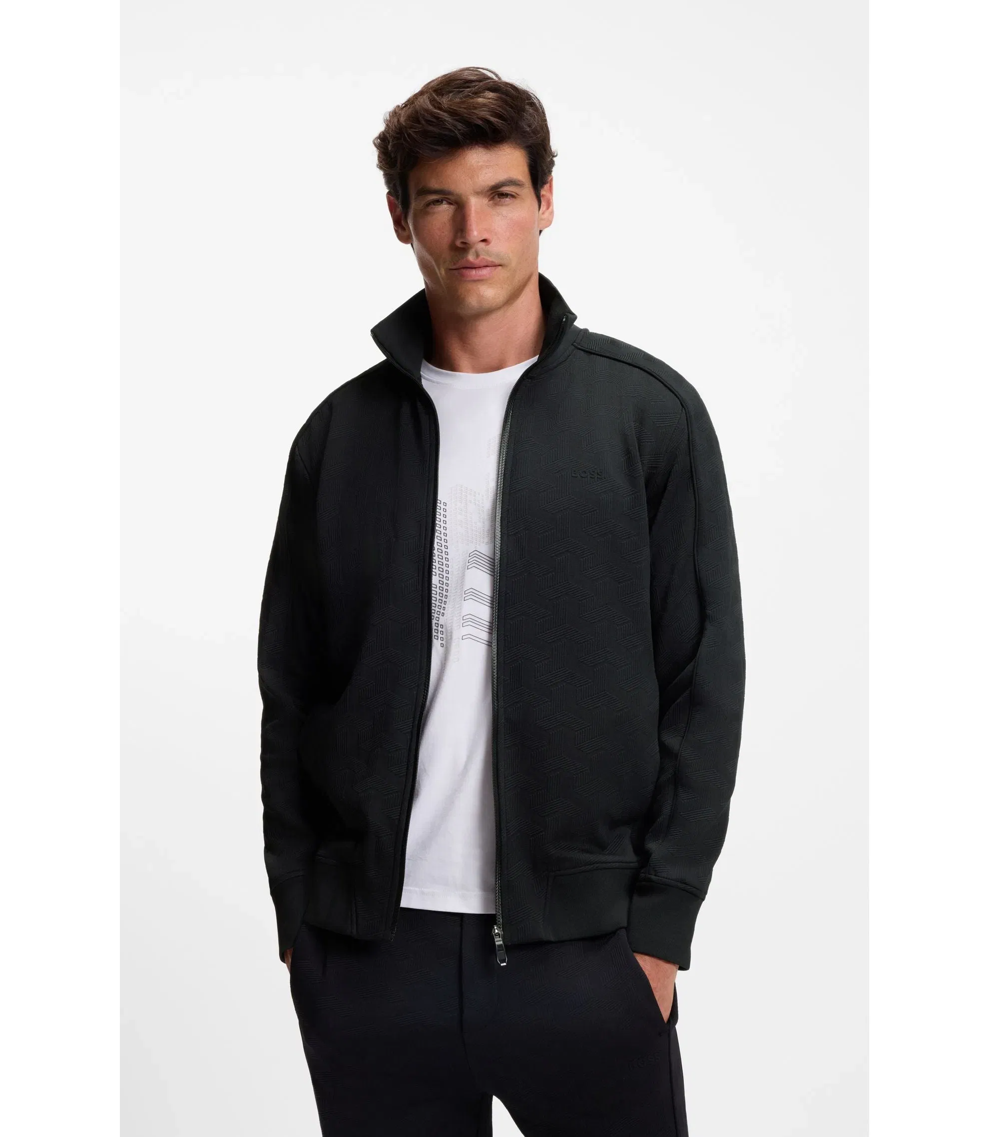 Boss Quilted Jacquard Zip Up Sweatshirt In A Regular Fit Black