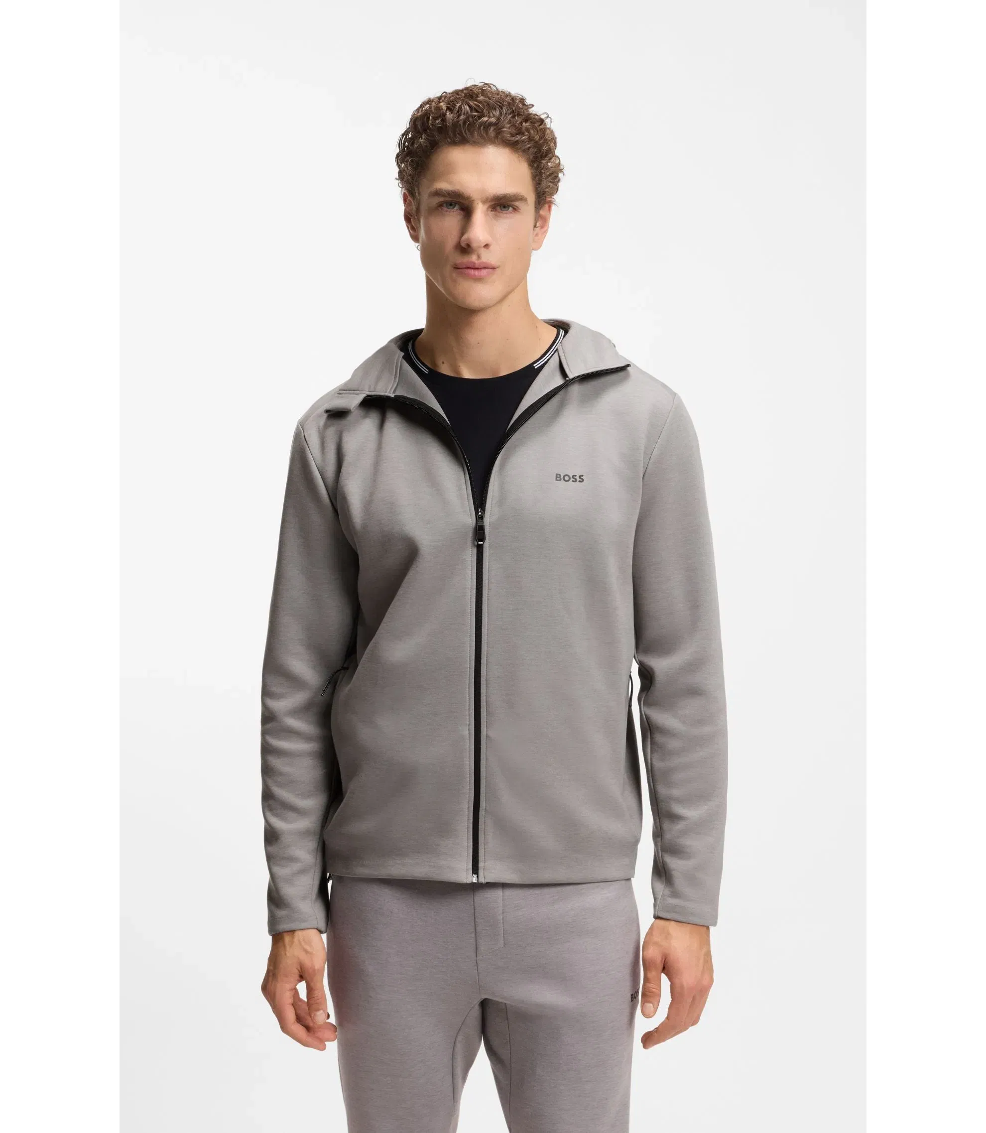 Boss Reflective Detail Zip Up Hoodie With Odour Control Light Grey