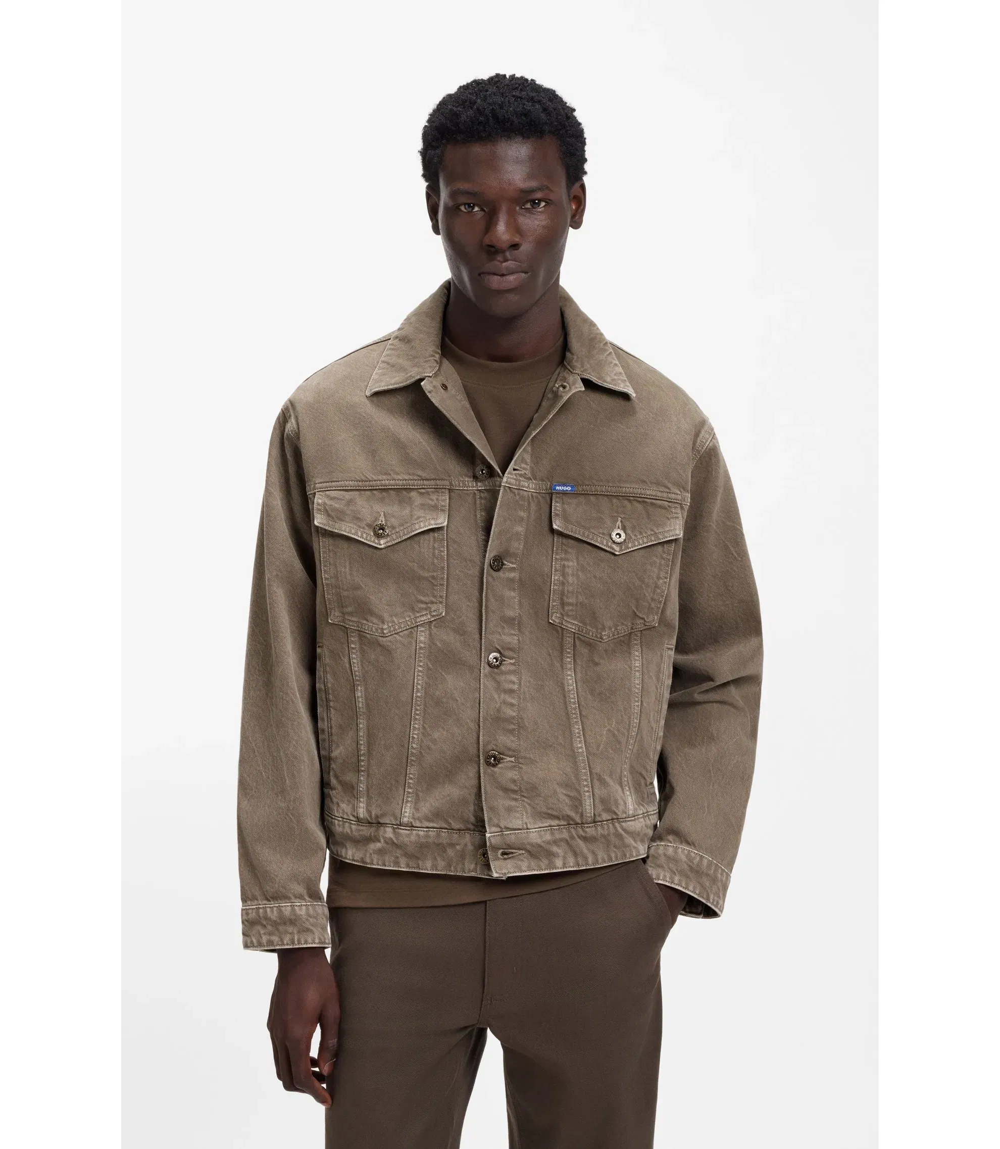 Hugo Regular Fit Jacket In Washed Denim Dark Brown
