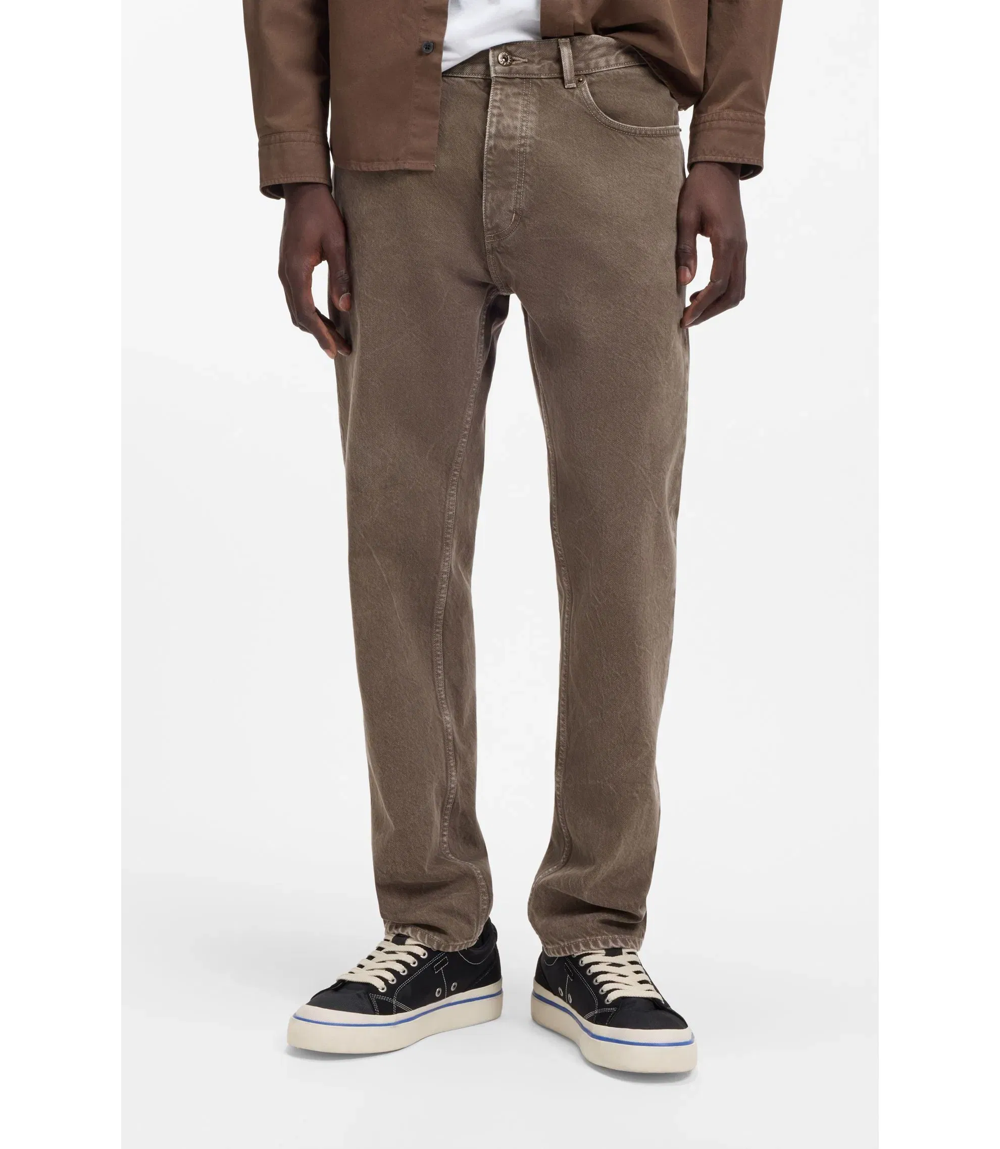 Hugo Regular Fit Jeans In Washed Denim Dark Brown