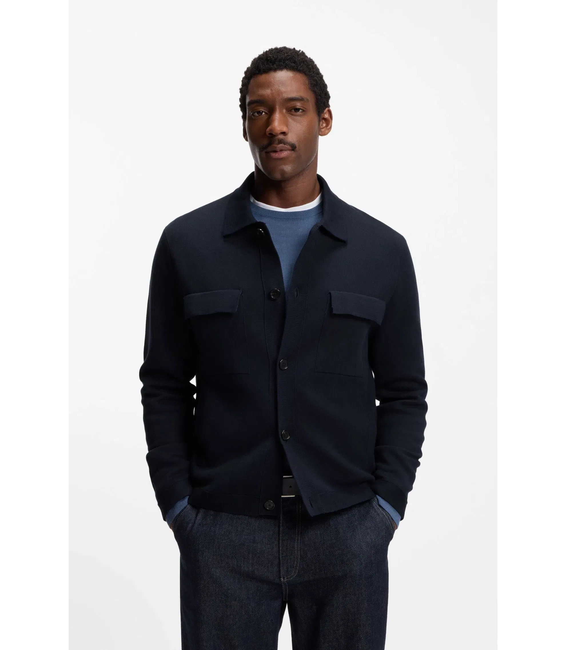 Boss Regular Fit Overshirt In Cotton Dark Blue