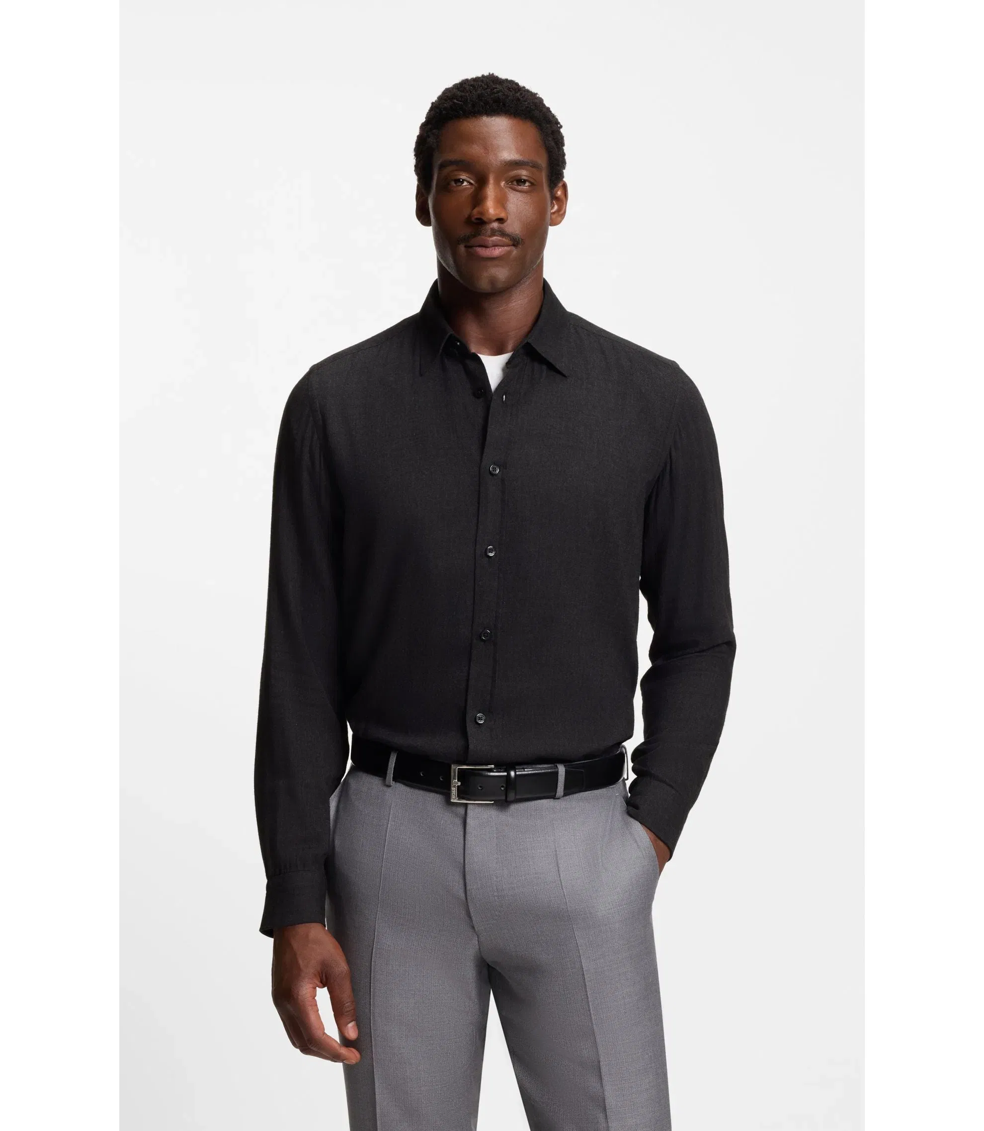 Boss Regular Fit Shirt In Cotton Blend Flannel Black