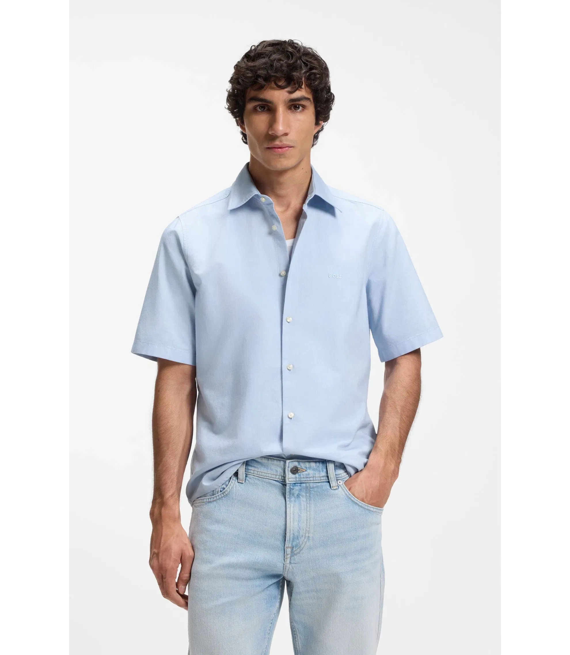 Boss Regular Fit Shirt In Oxford Cotton Light Blue