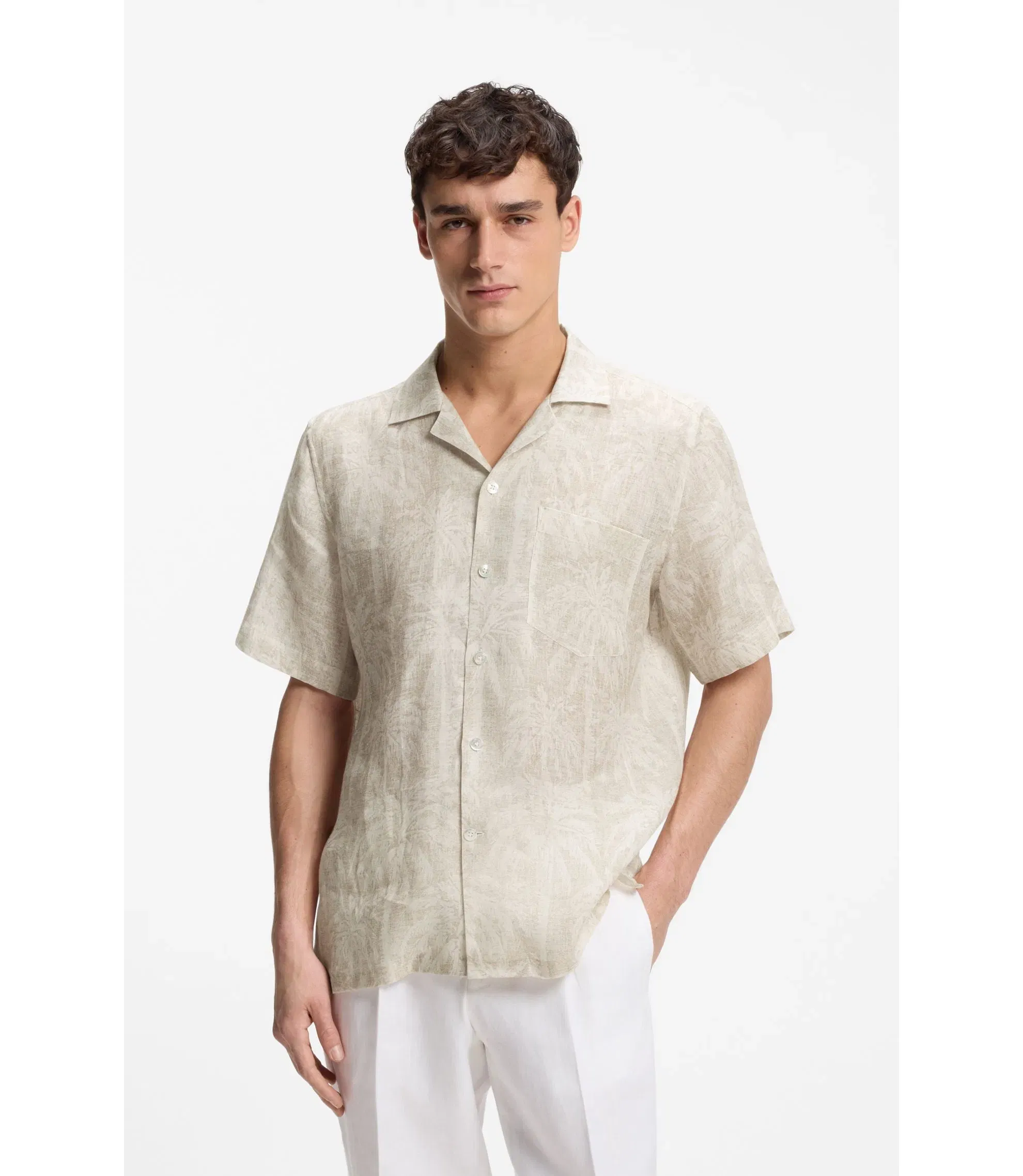 Boss Regular Fit Shirt In Palm Print Italian Linen Beige