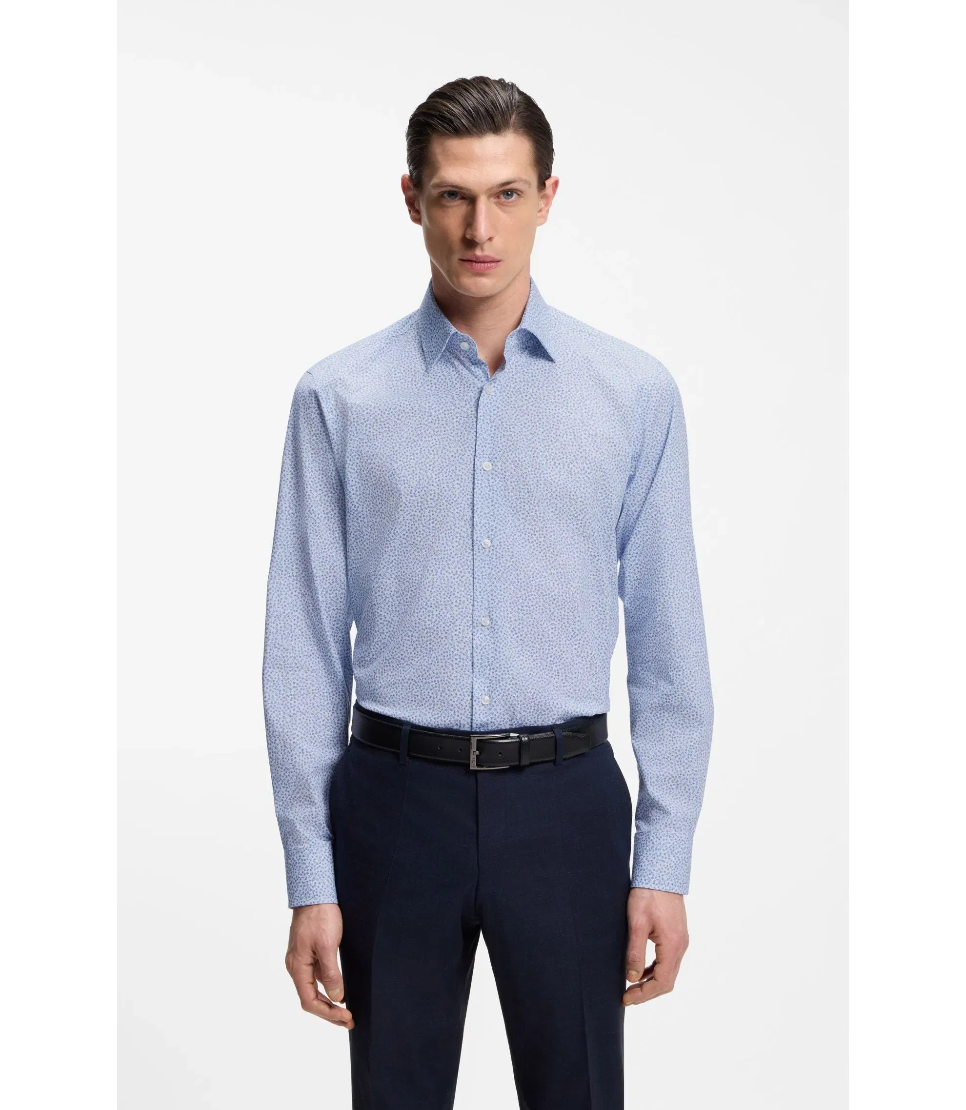 Boss Regular Fit Shirt In Printed Stretch Cotton Light Blue