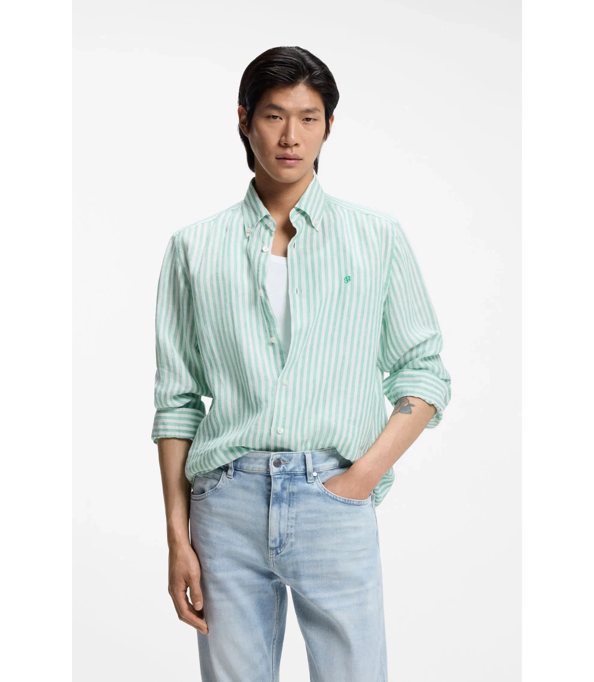 Boss Regular Fit Shirt In Striped Linen Light Green