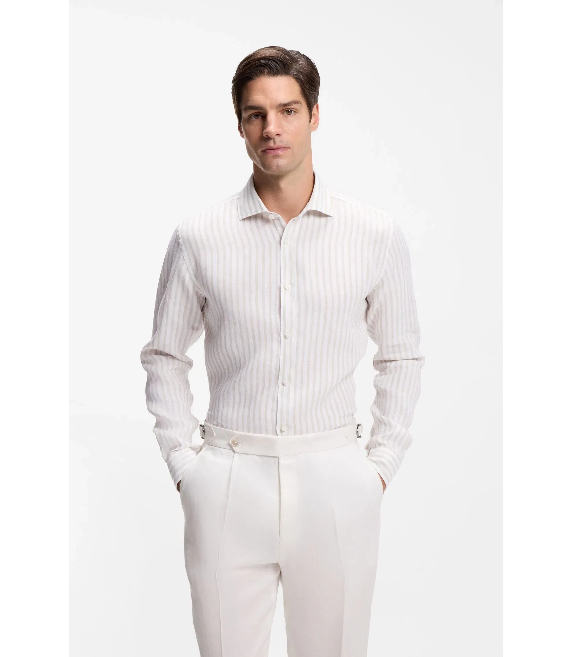 Boss Regular Fit Shirt In Striped Linen Light Beige