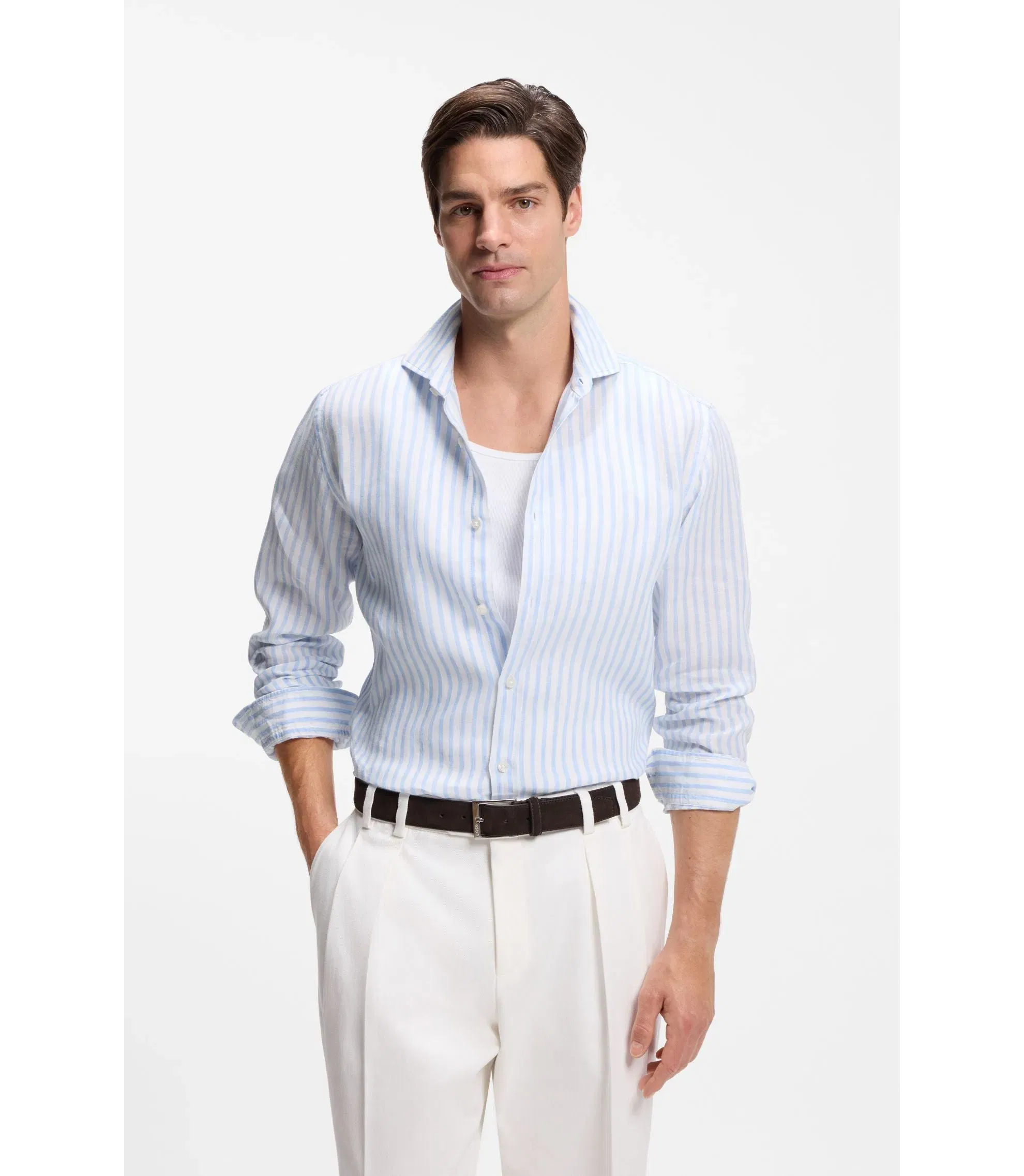 Boss Regular Fit Shirt In Striped Linen Light Blue