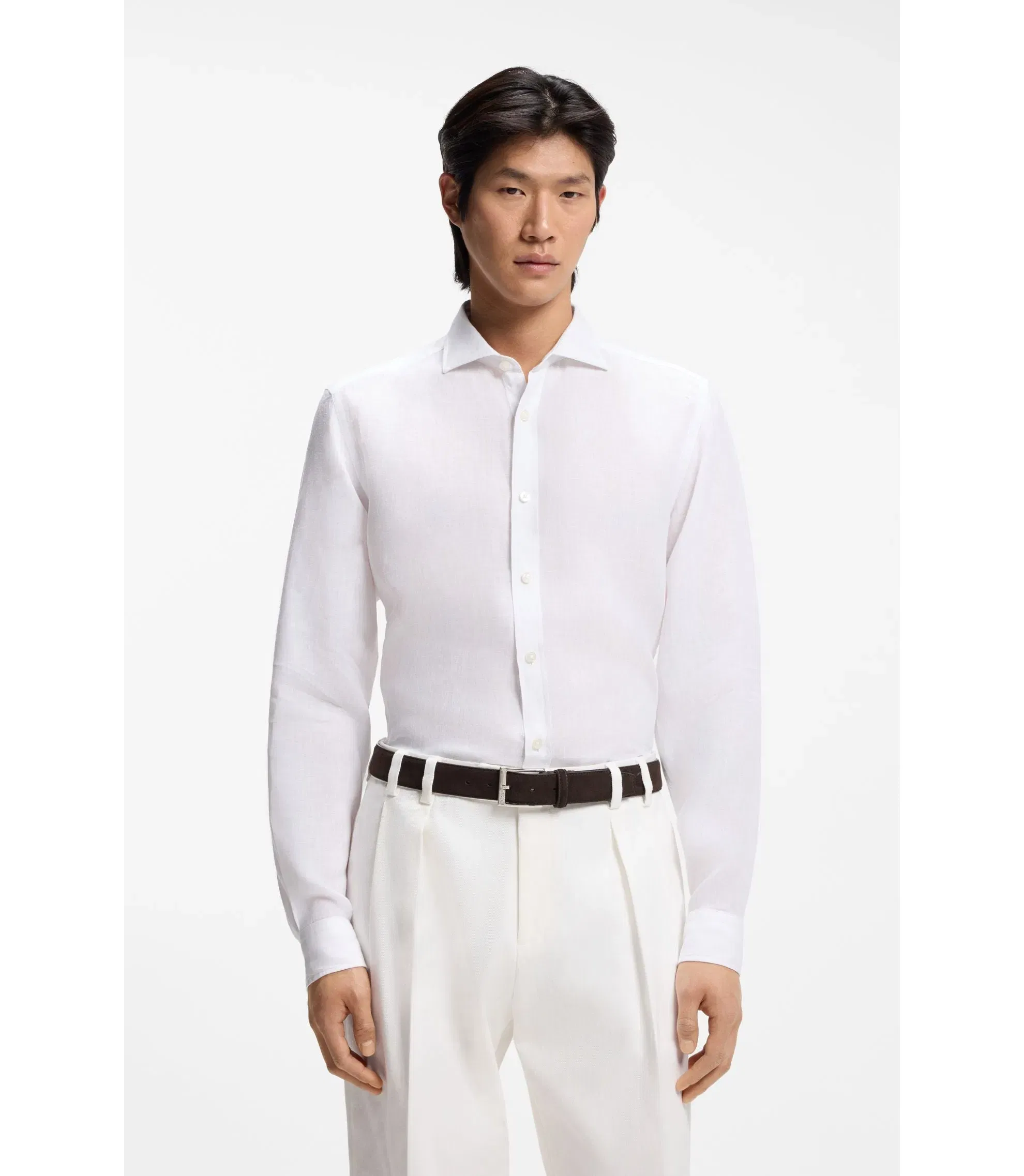 Boss Regular Fit Shirt In Washed Linen White