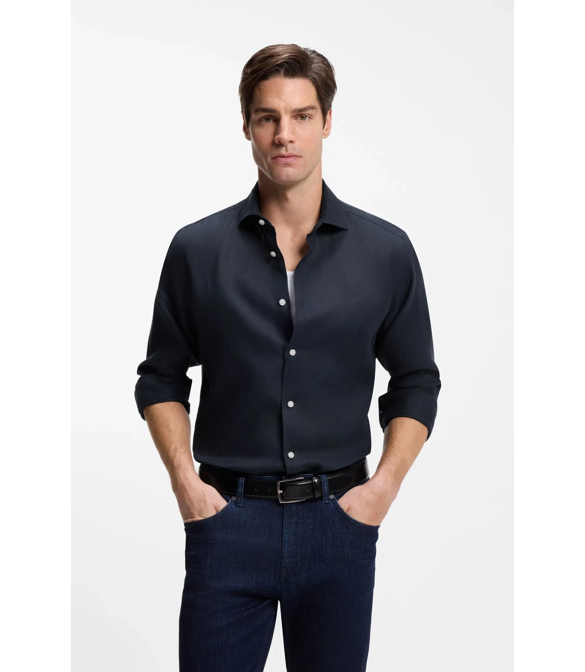 Boss Regular Fit Shirt In Washed Linen Dark Blue