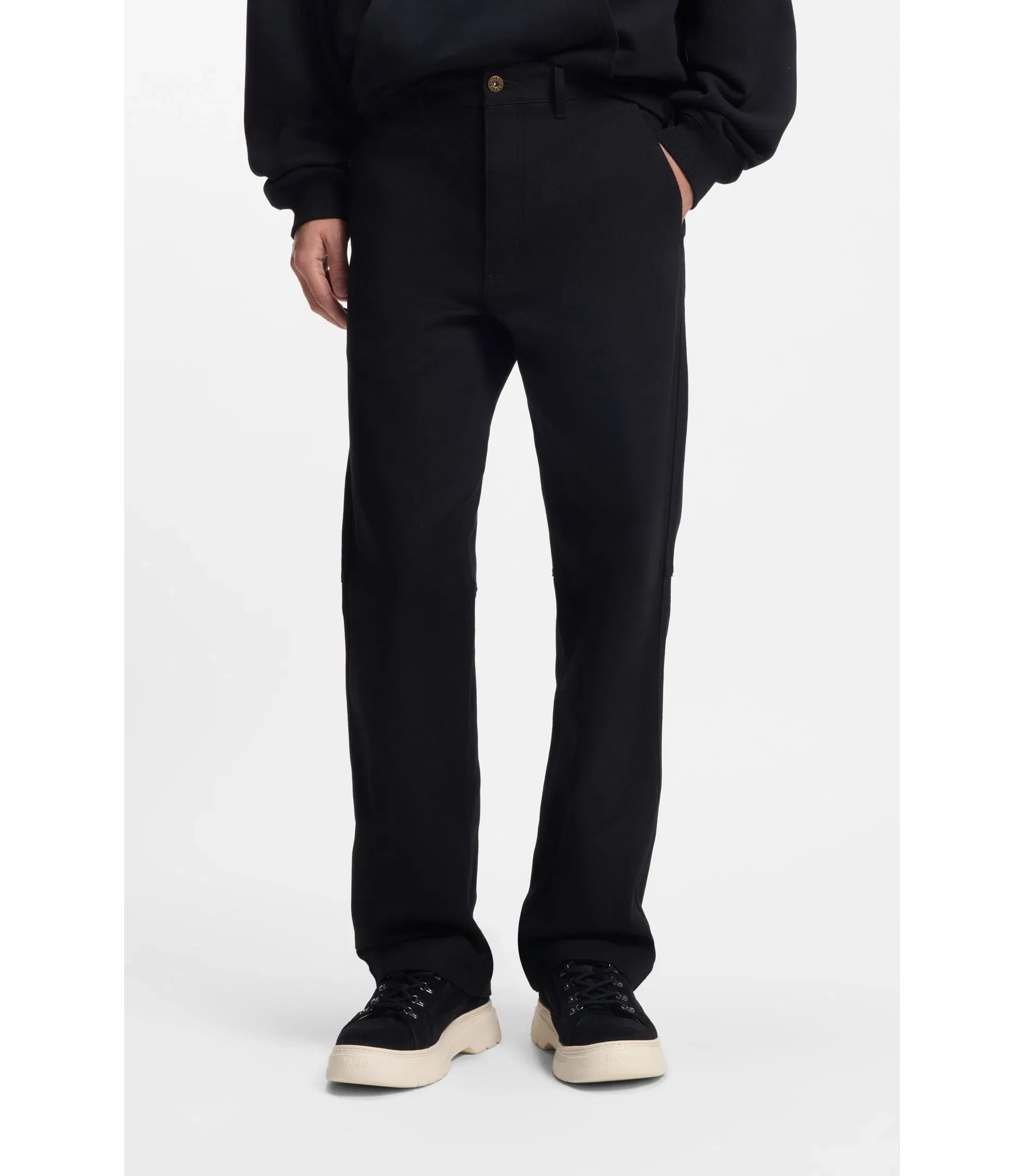 Hugo Regular Fit Trousers In Stretch Cotton Canvas Black