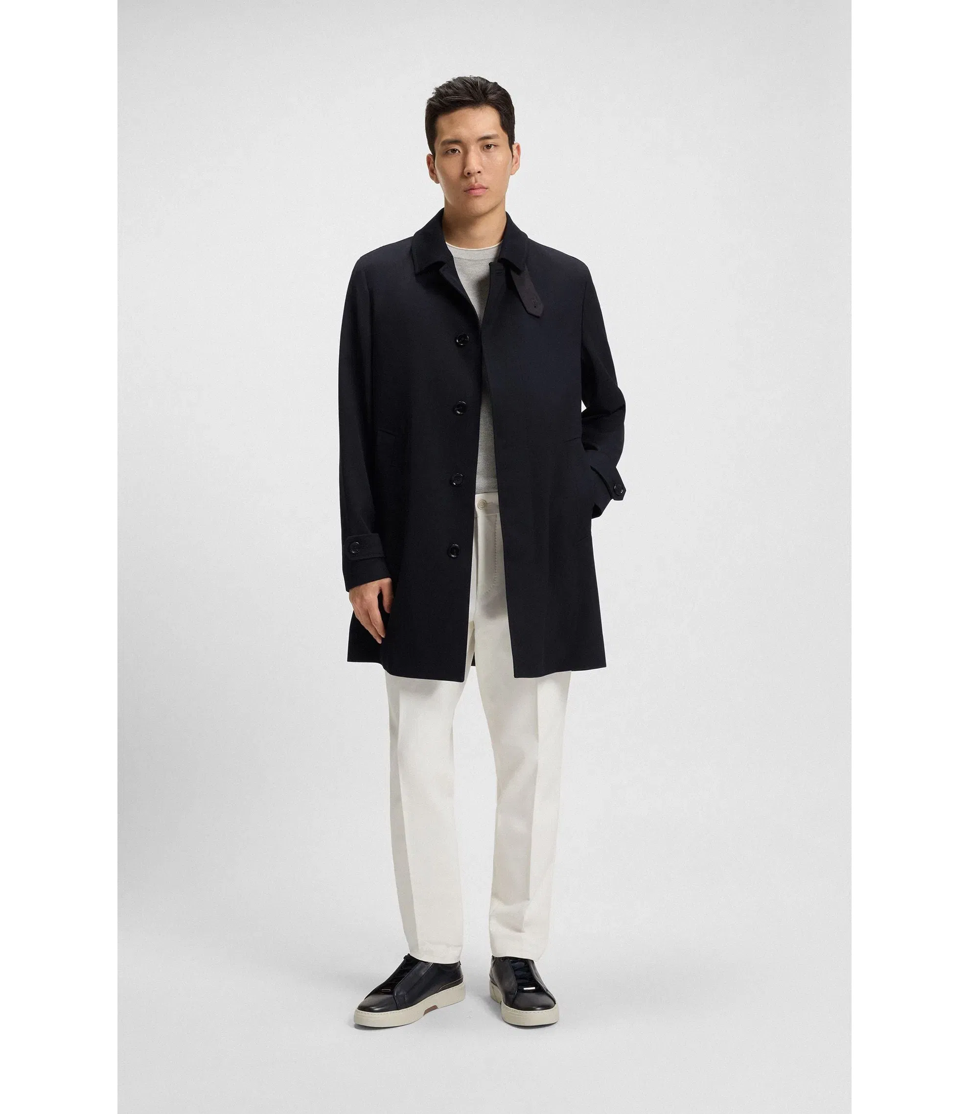 Boss Regular Fit Water Repellent Coat In Wool Dark Blue