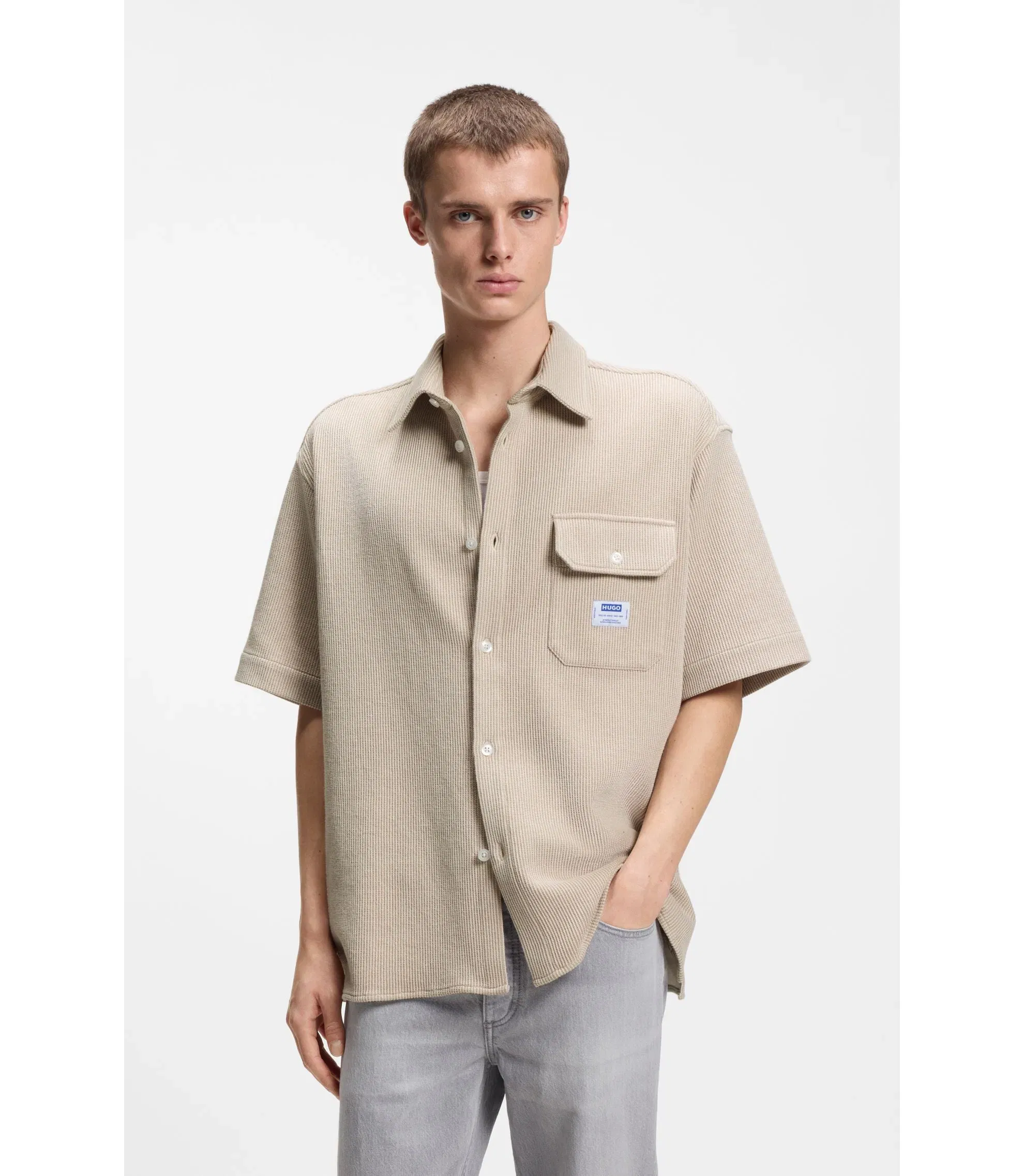 Hugo Relaxed Fit Shirt In A Waffle Structured Cotton White