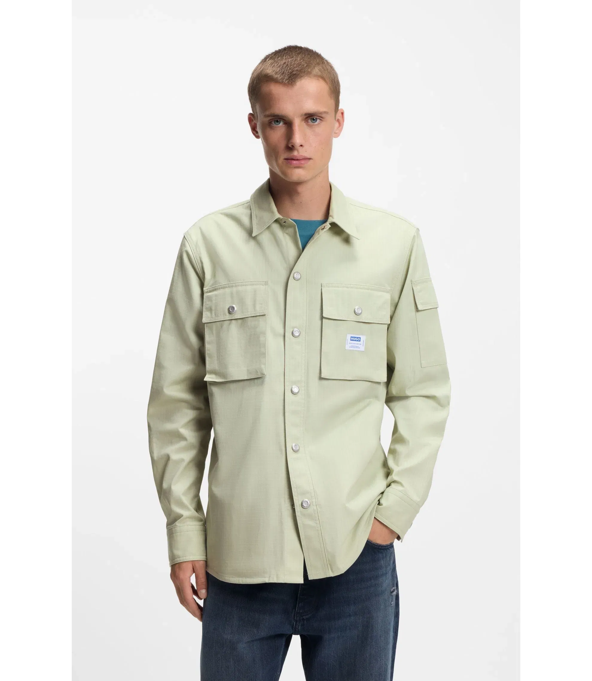 Hugo Relaxed Fit Shirt In Cotton Ripstop Light Green