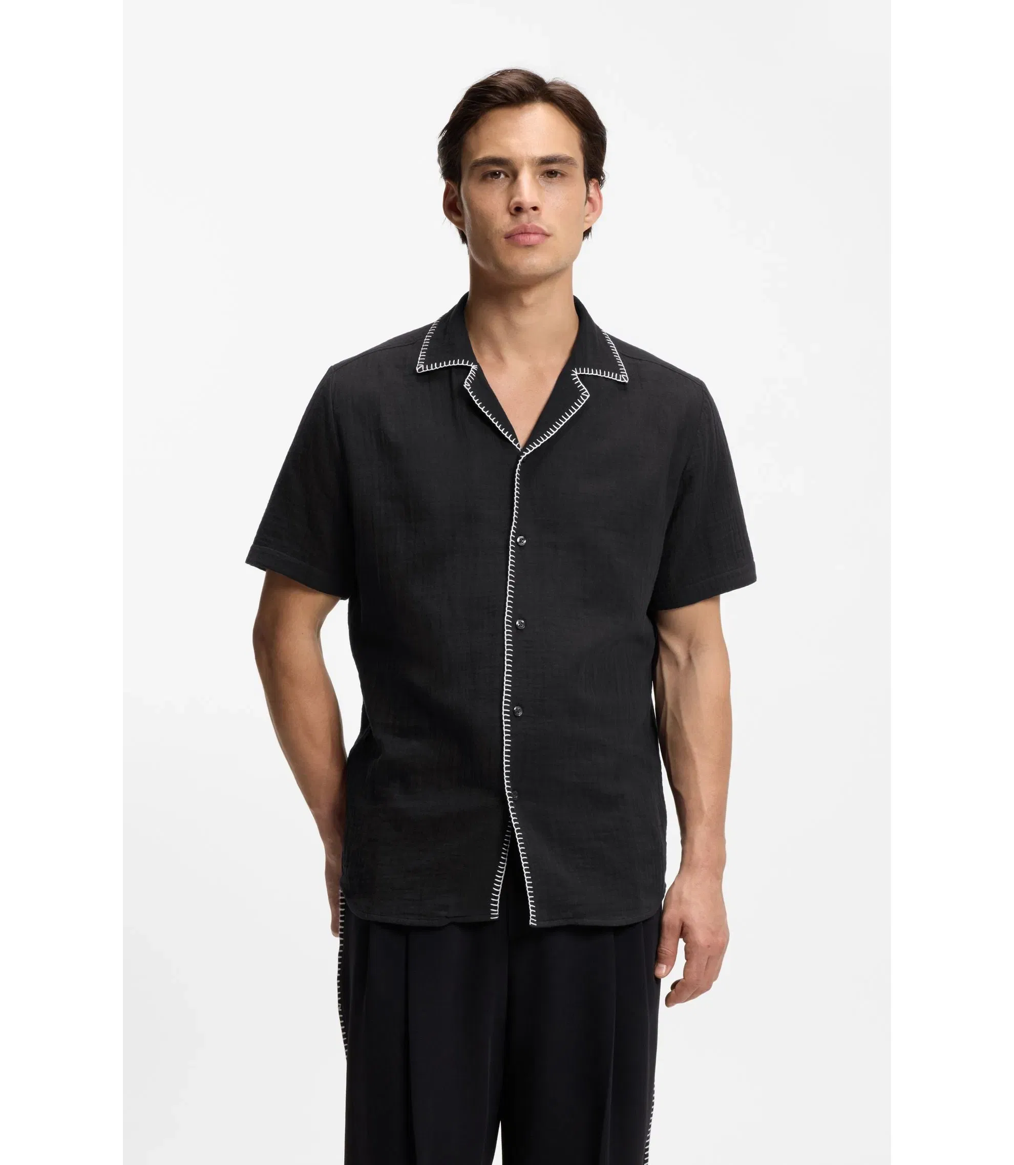 Hugo Relaxed Fit Shirt In Cotton Seersucker Black