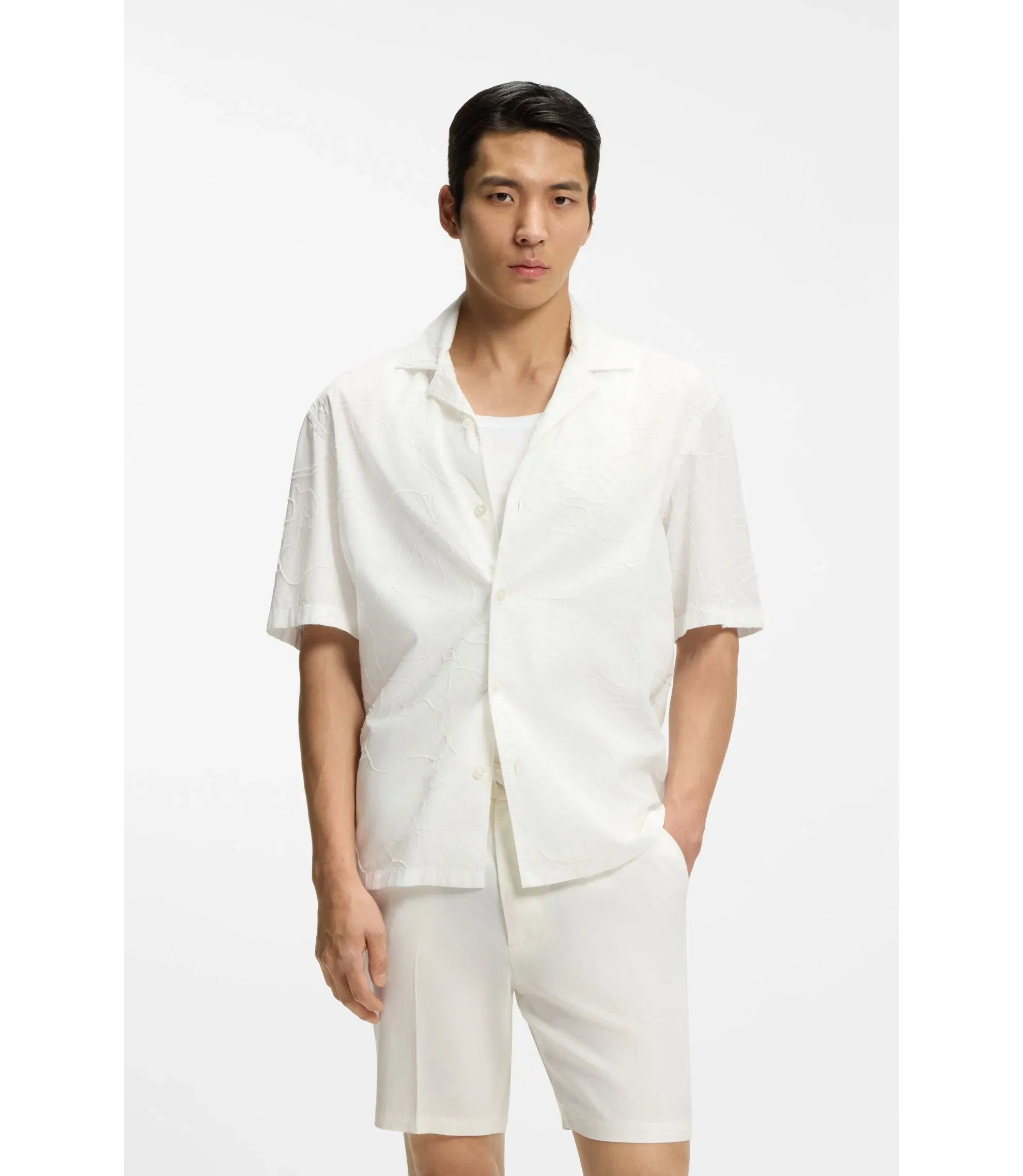 Boss Relaxed Fit Shirt In Floral Embroidered Cotton White