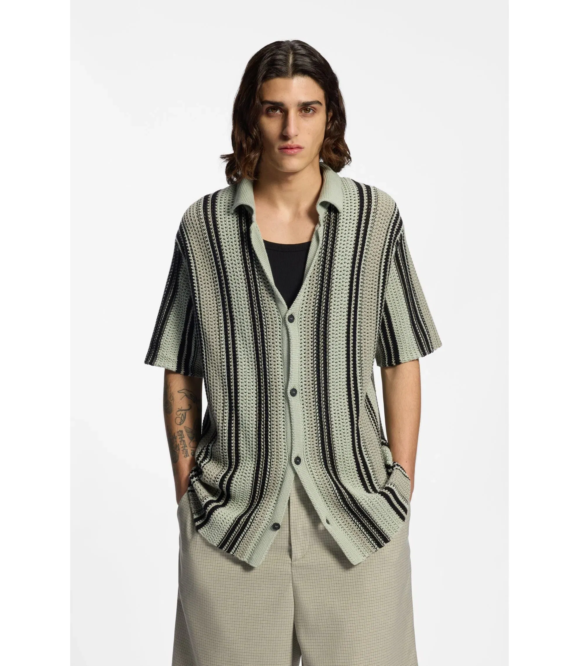 Hugo Relaxed Fit Shirt In Open Knit Cotton Light Green