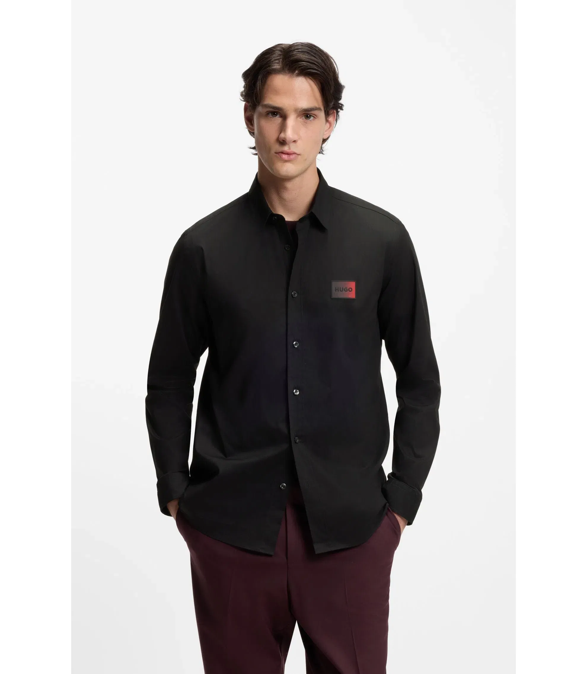 Hugo Relaxed Fit Shirt In Stretch Cotton Canvas Black