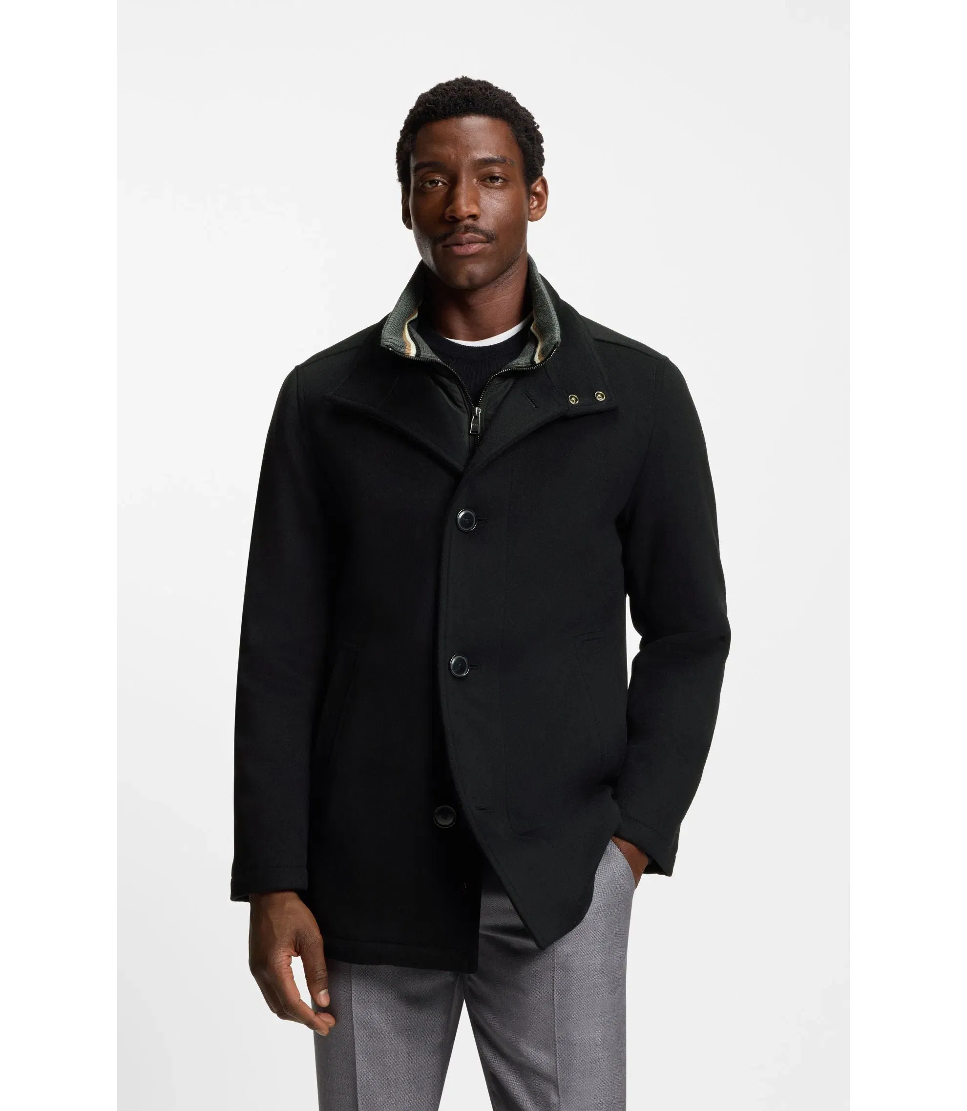 Boss Relaxed Fit Short Coat In Wool And Cashmere Black