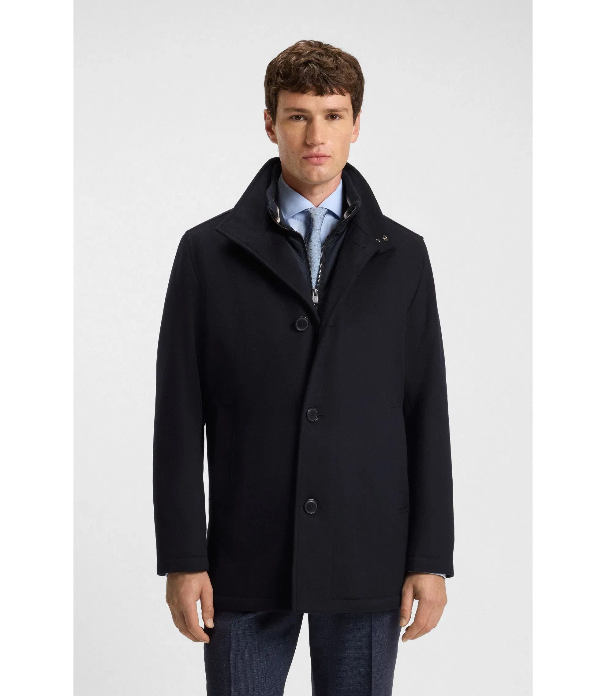Boss Relaxed Fit Short Coat In Wool And Cashmere Dark Blue